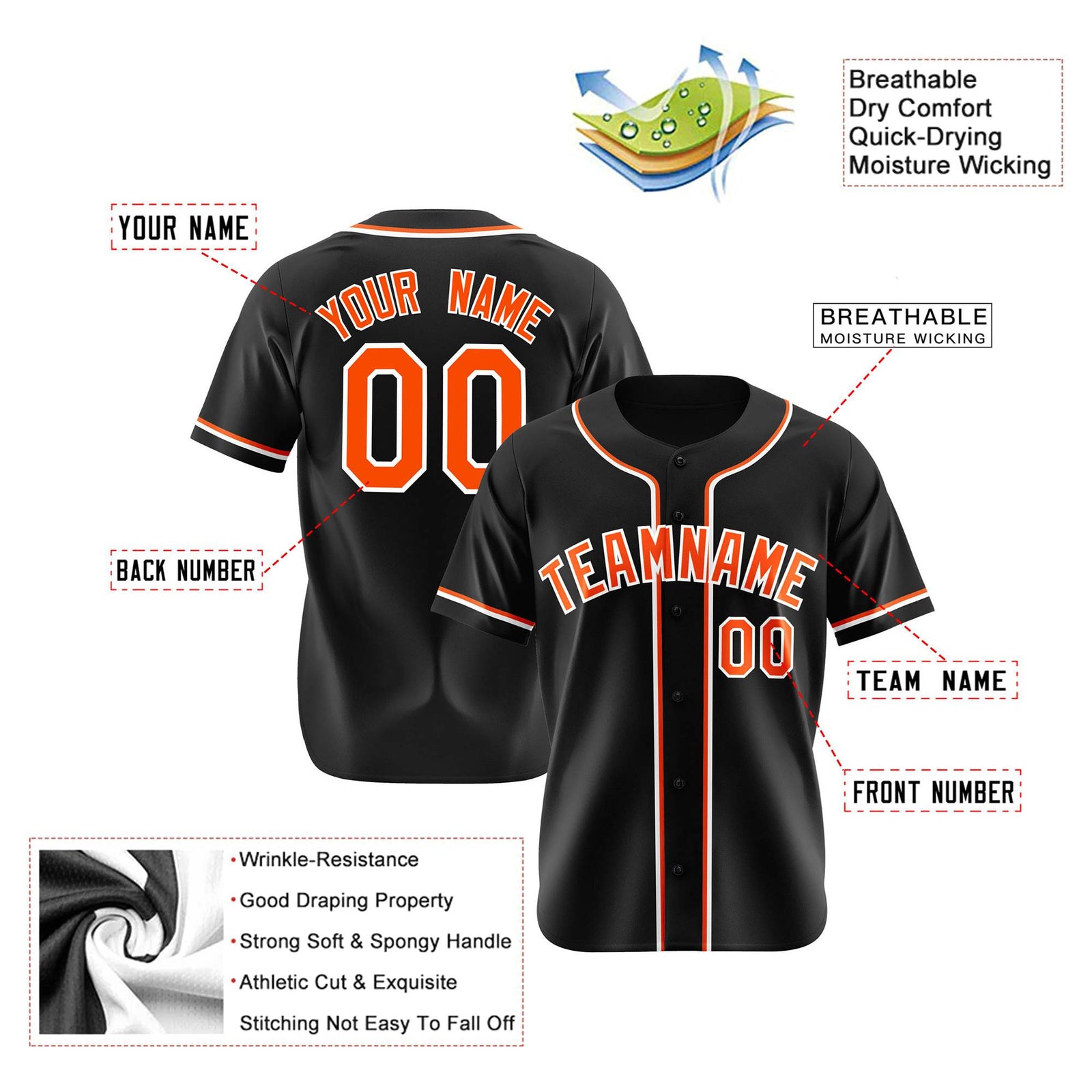 Custom Black Orange White Authentic Baseball Jersey