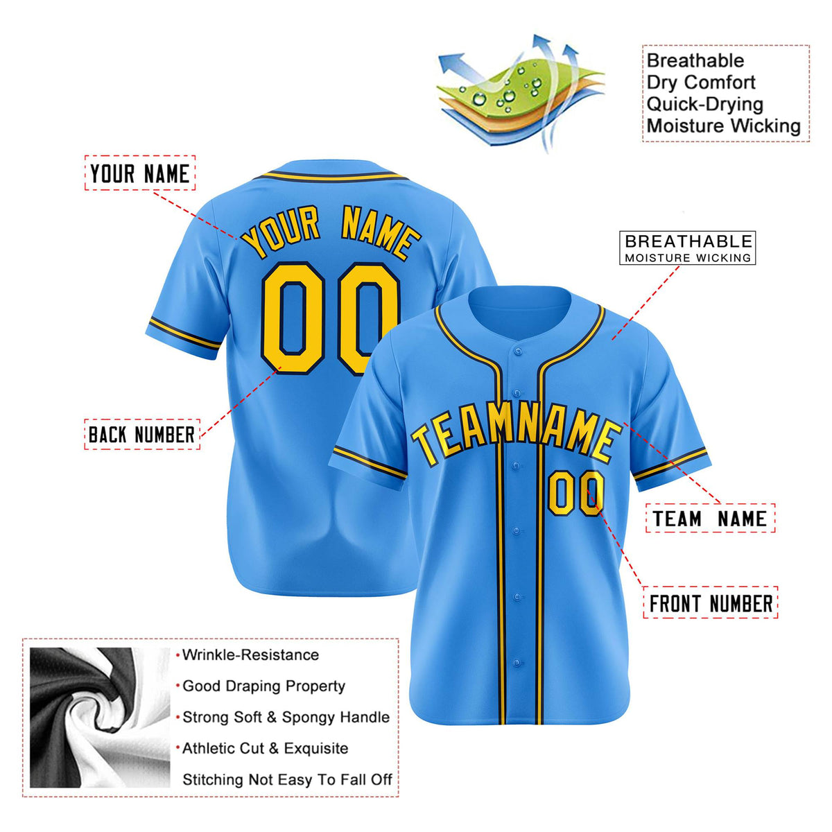 Custom Powder Blue Yellow Navy Authentic Baseball Jersey
