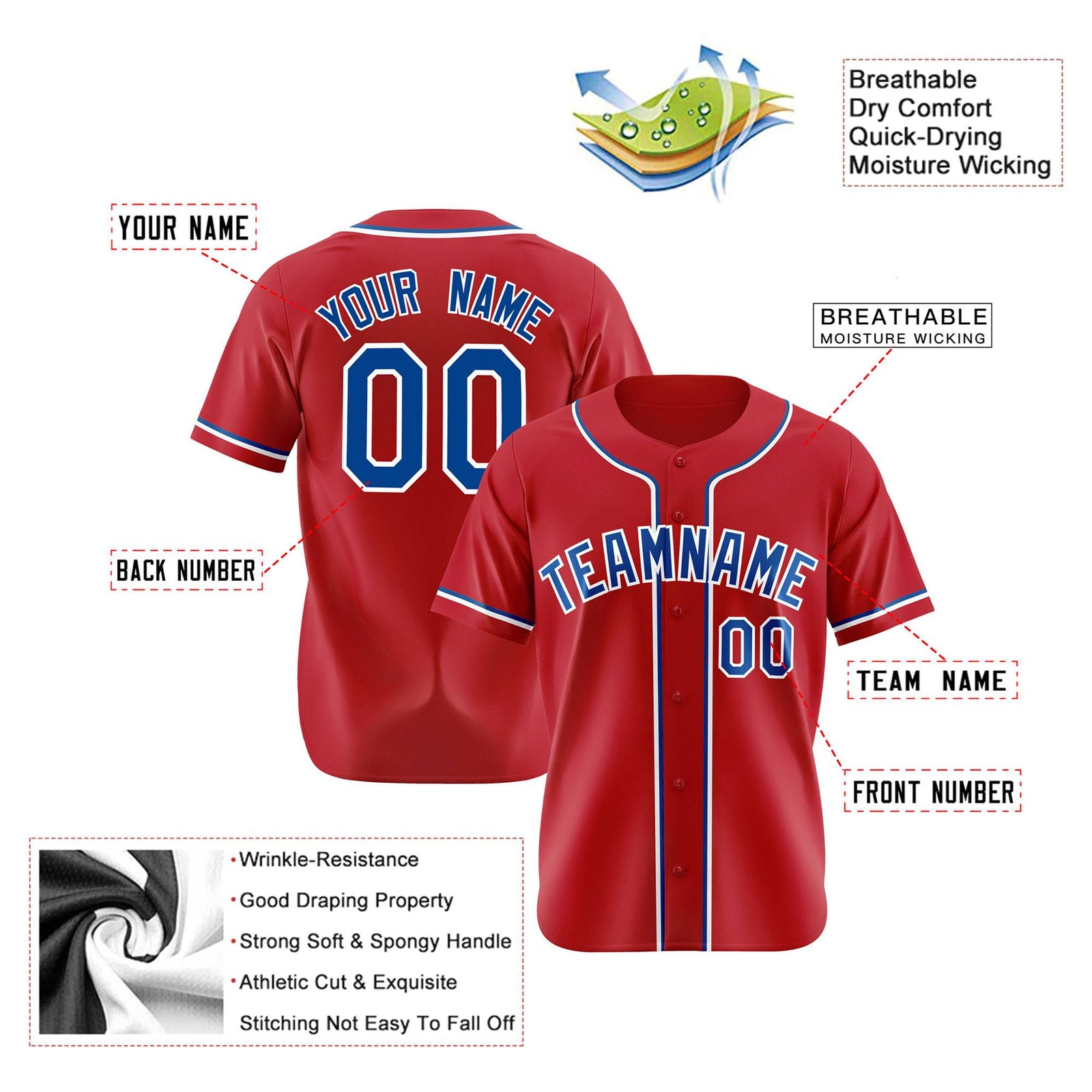 Custom Red Blue White Authentic Baseball Jersey