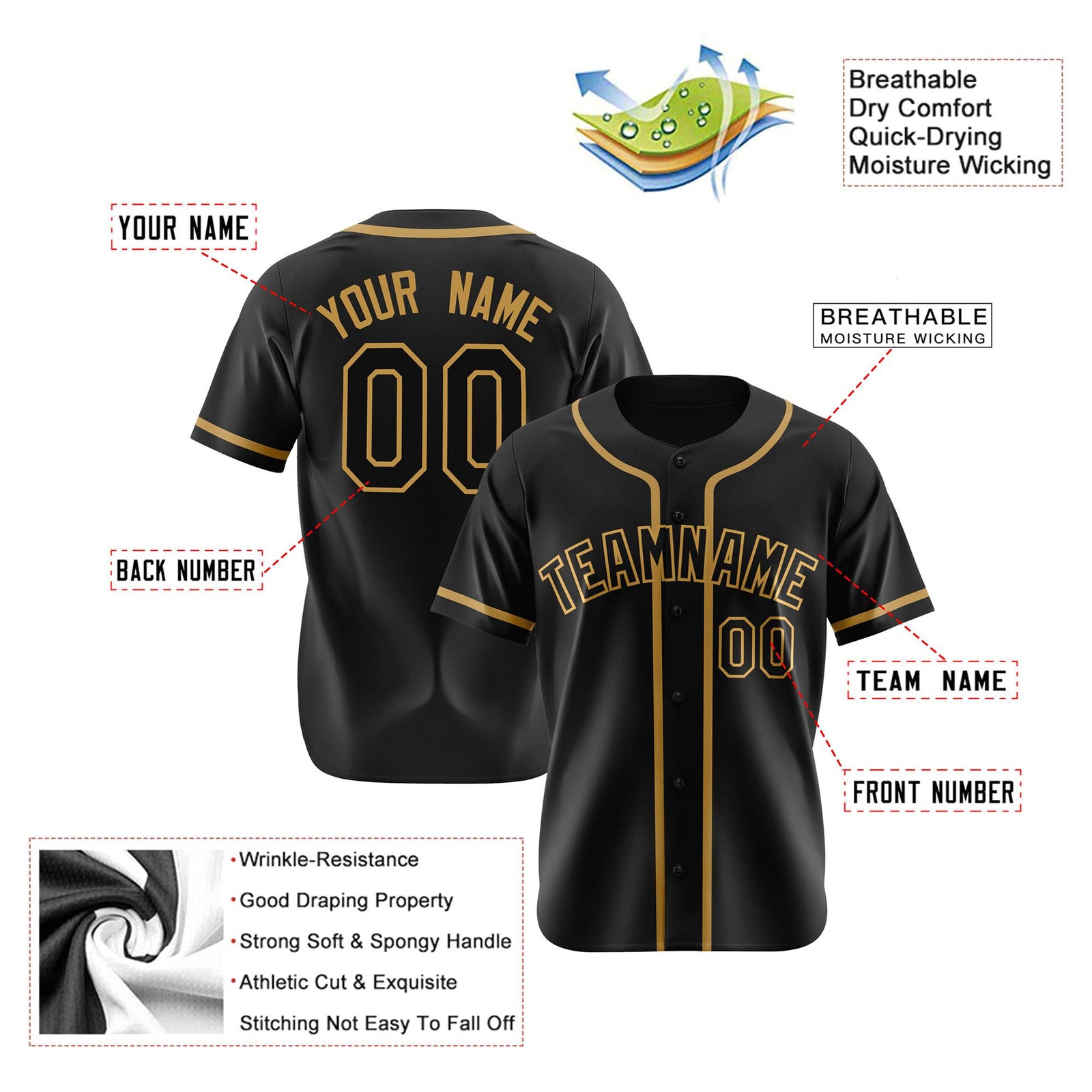 Custom Black Old Gold Authentic Baseball Jersey