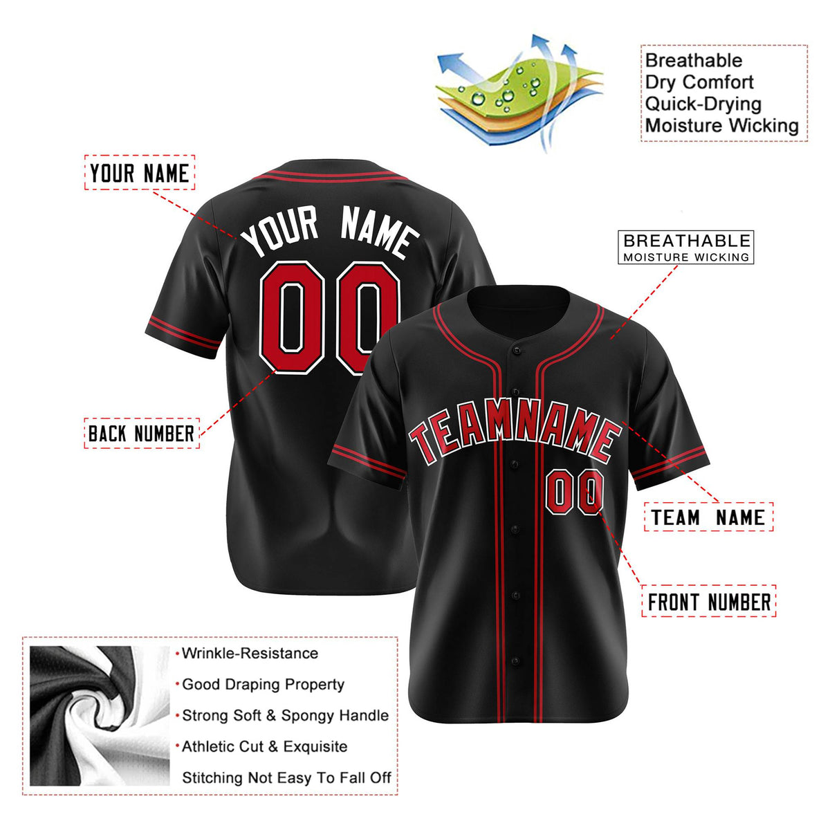 Custom Black Red White Authentic Baseball Jersey