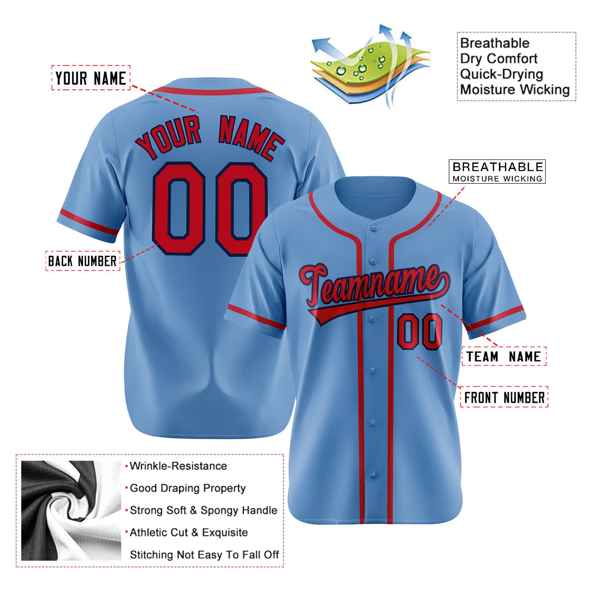 Custom Light Blue Red Authentic Baseball Jersey