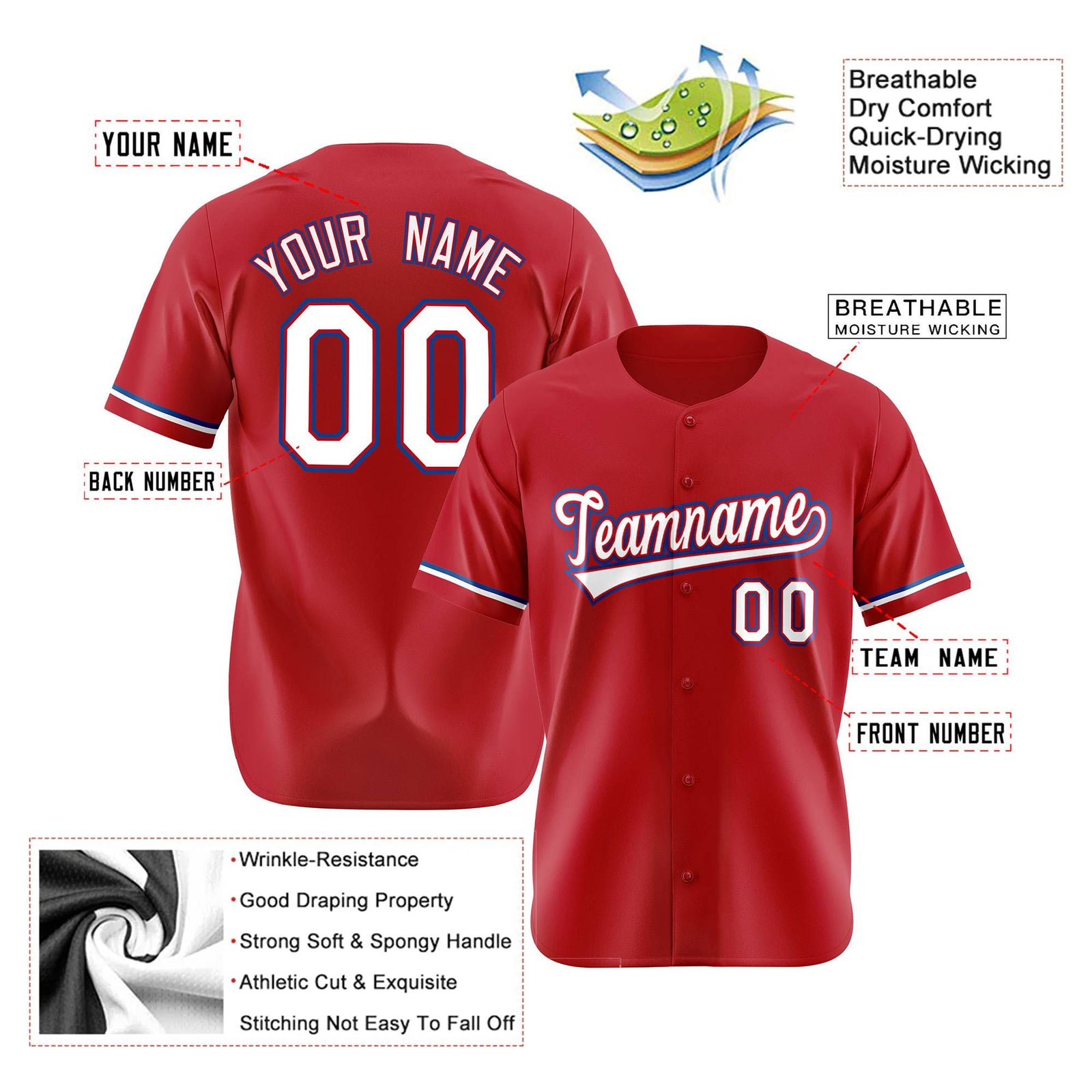 Custom Red White Blue Authentic Baseball Jersey