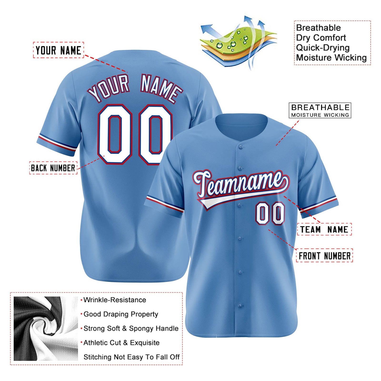 Custom Light Blue White Red Authentic Baseball Jersey