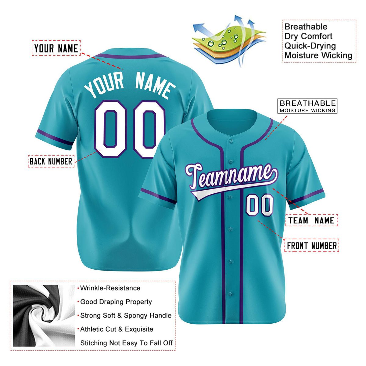 Custom Teal White Purple Authentic Baseball Jersey