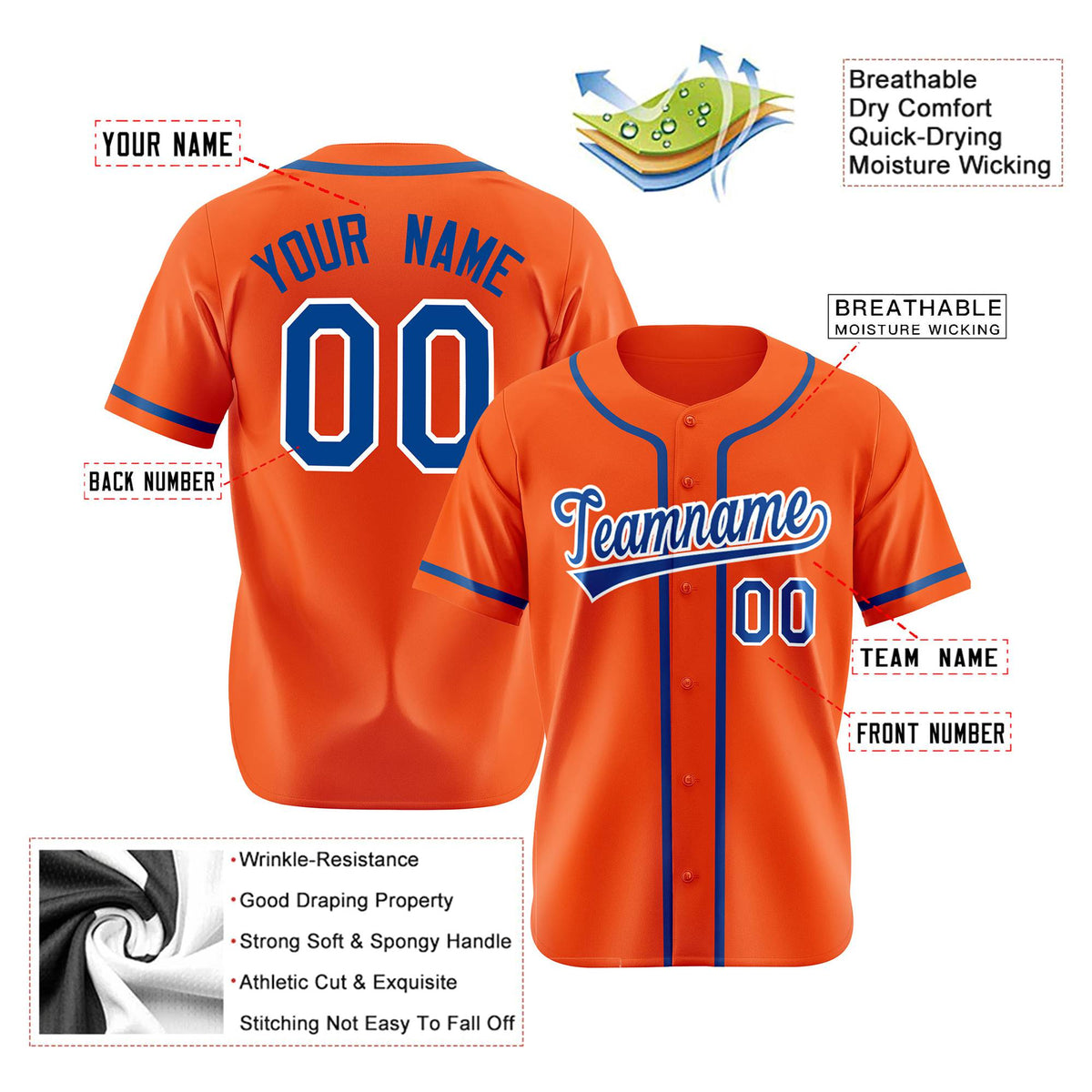 Custom Orange Royal Blue White Authentic Baseball Jersey