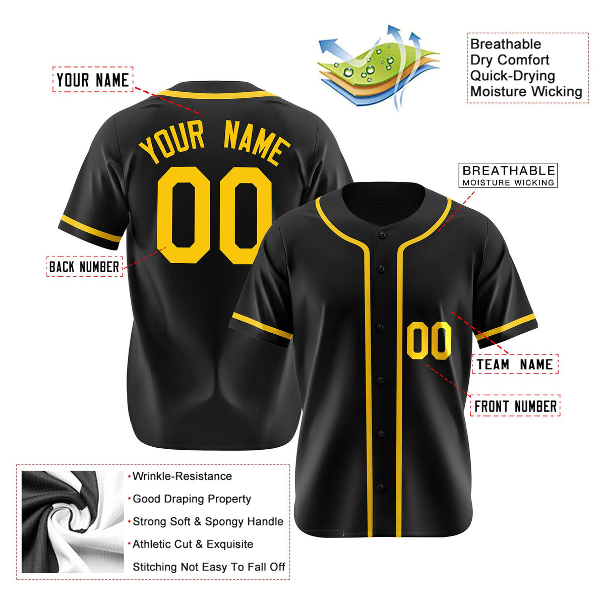 Custom Black Gold Authentic Baseball Jersey