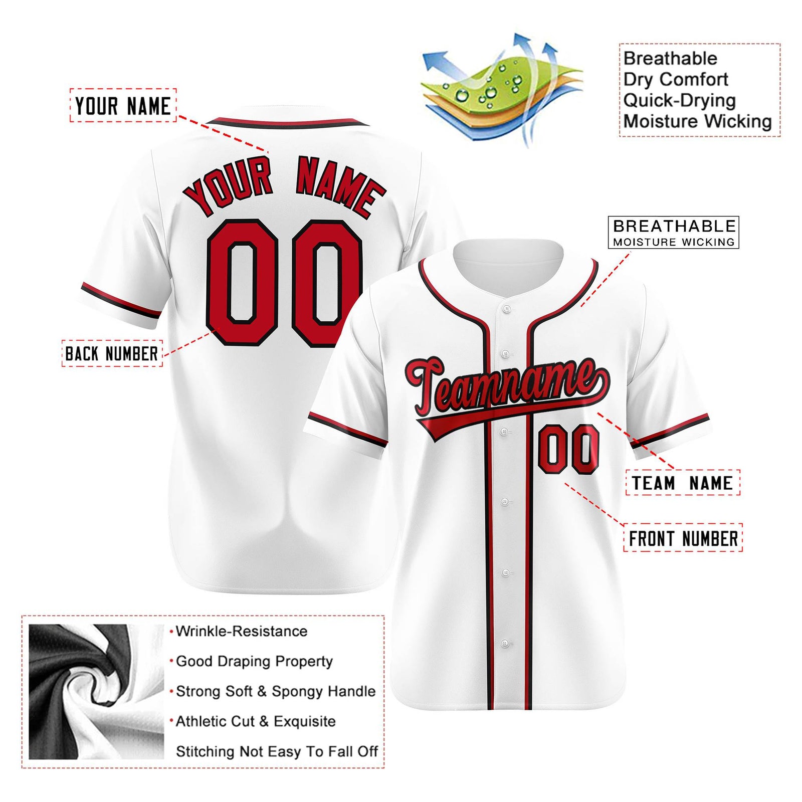 Custom White Red Black Authentic Baseball Jersey