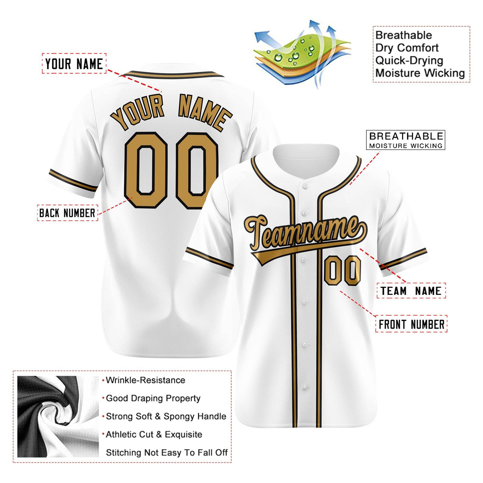 Custom White Old Gold Black Authentic Baseball Jersey