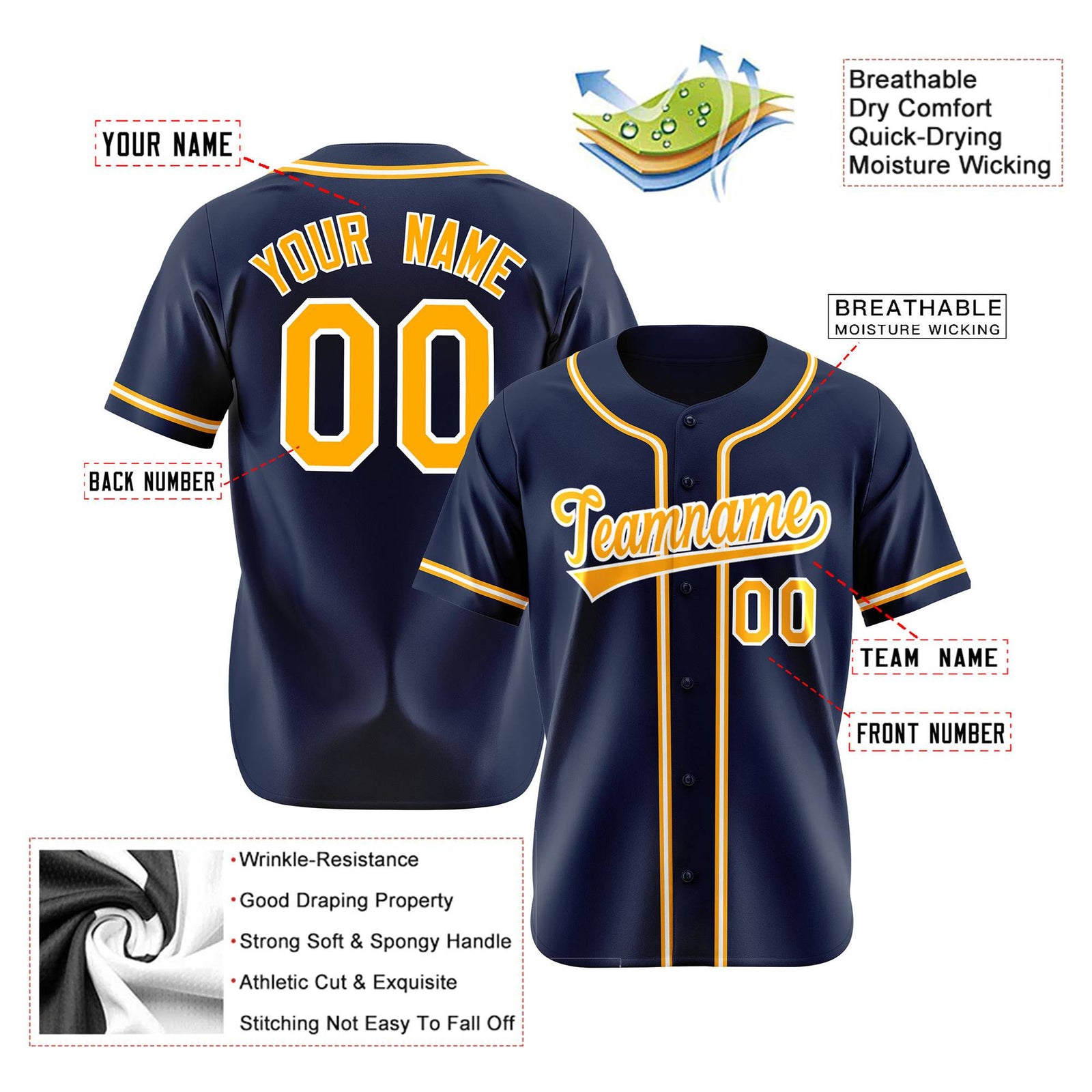 Custom Navy Yellow White Authentic Baseball Jersey