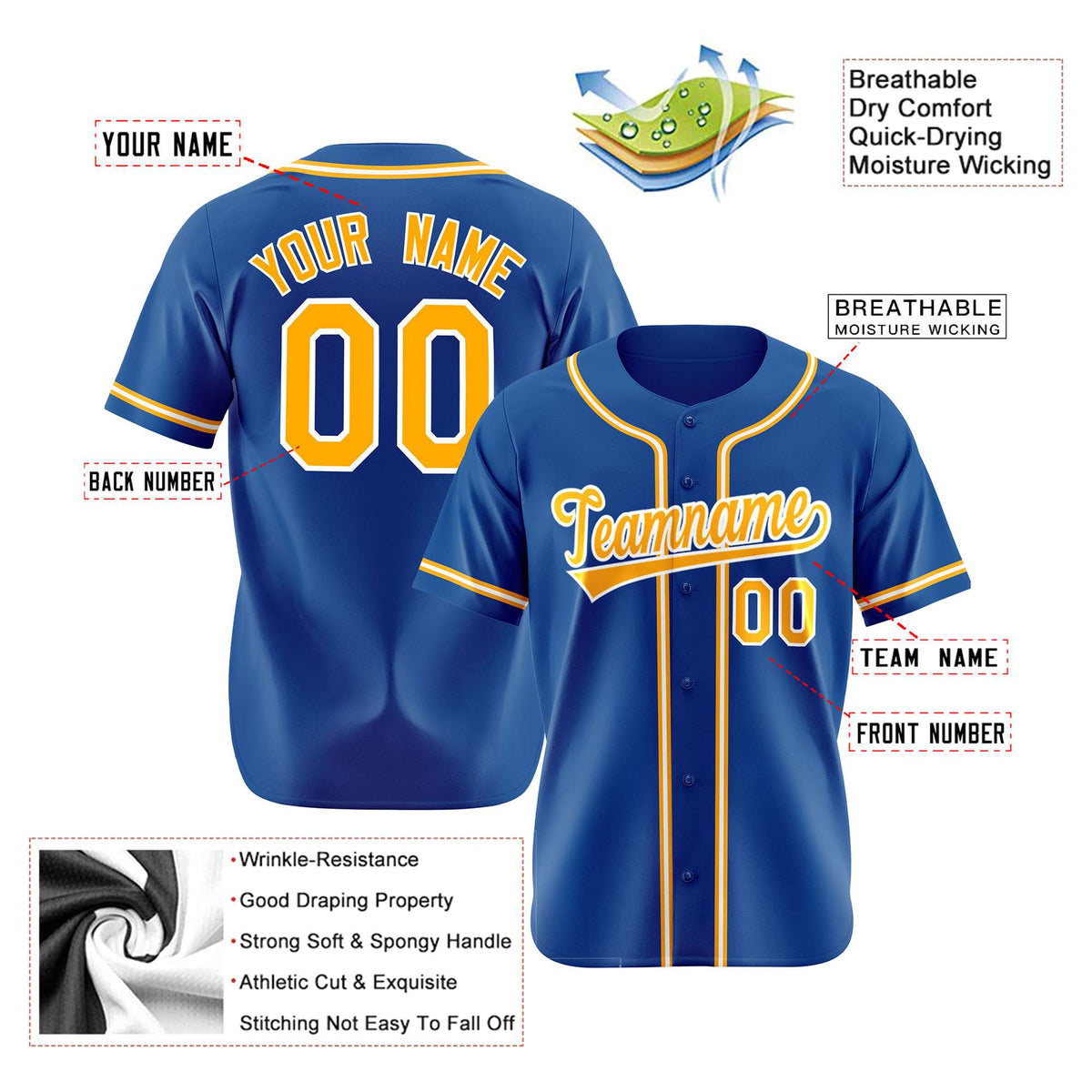 Custom Royal Blue Yellow White Authentic Baseball Jersey