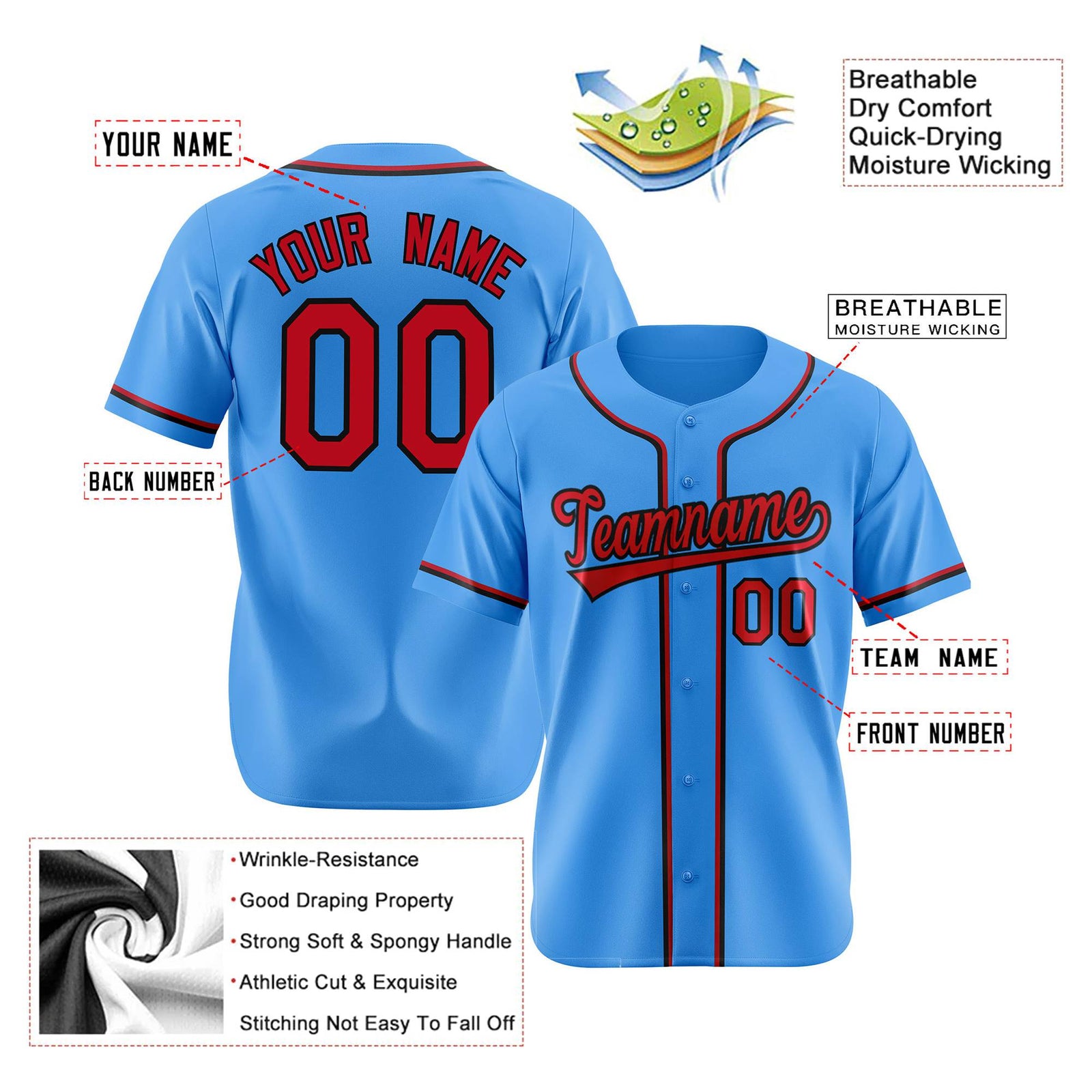 Custom Powder Blue Red Black Authentic Baseball Jersey