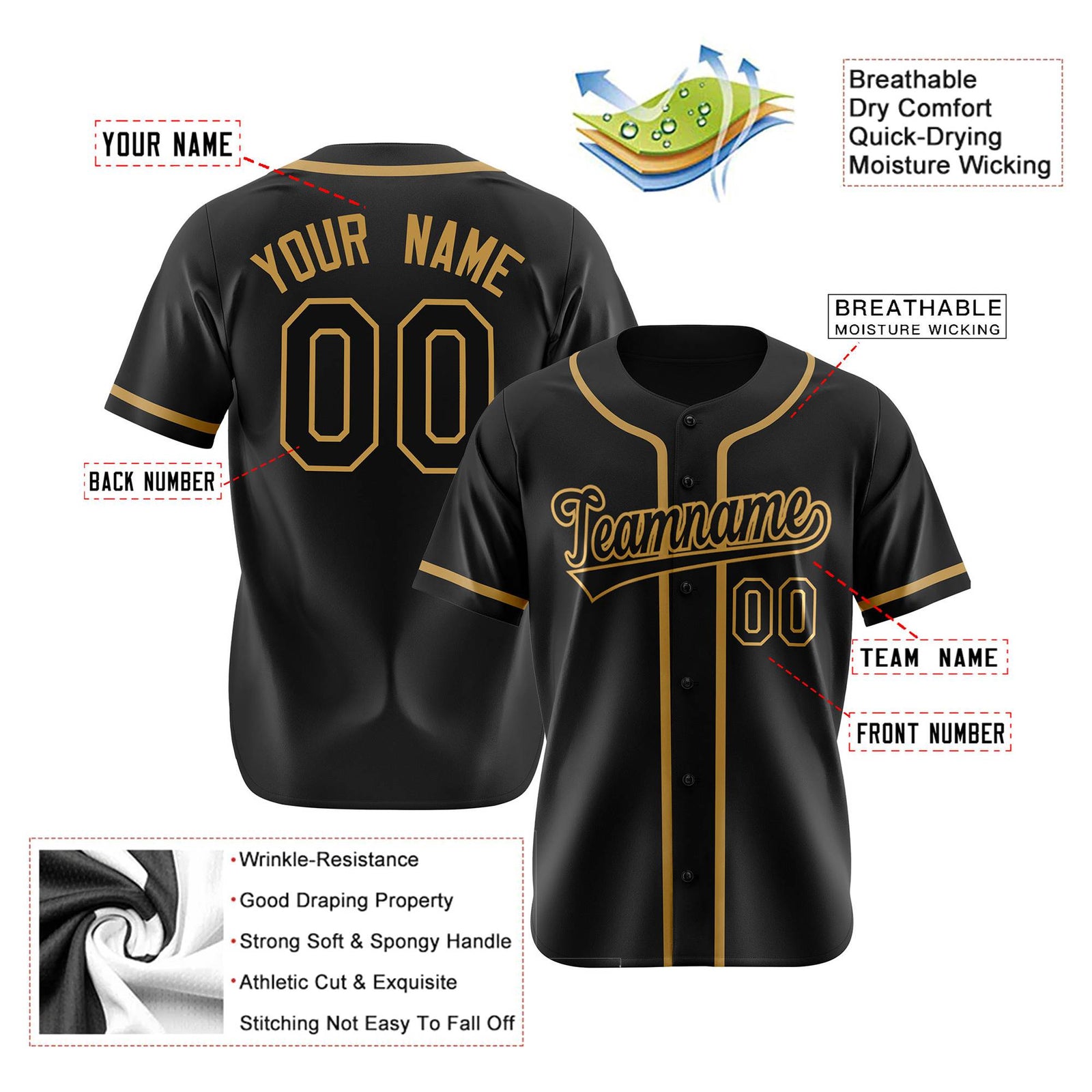 Custom Black Old Gold Authentic Baseball Jersey