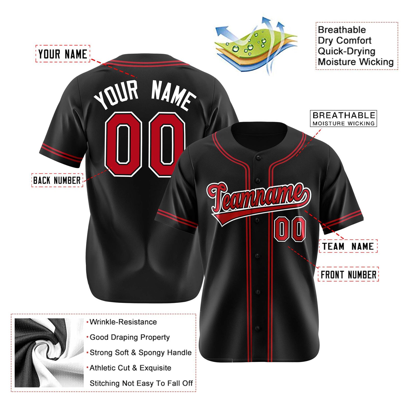 Custom Black Red White Authentic Baseball Jersey