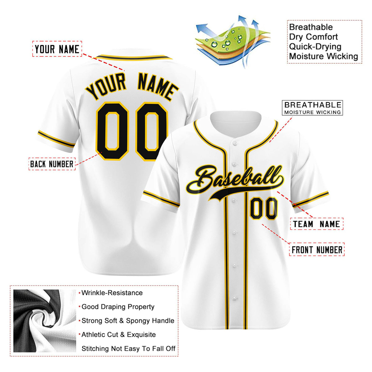 Custom White Black Yellow Authentic Baseball Jersey