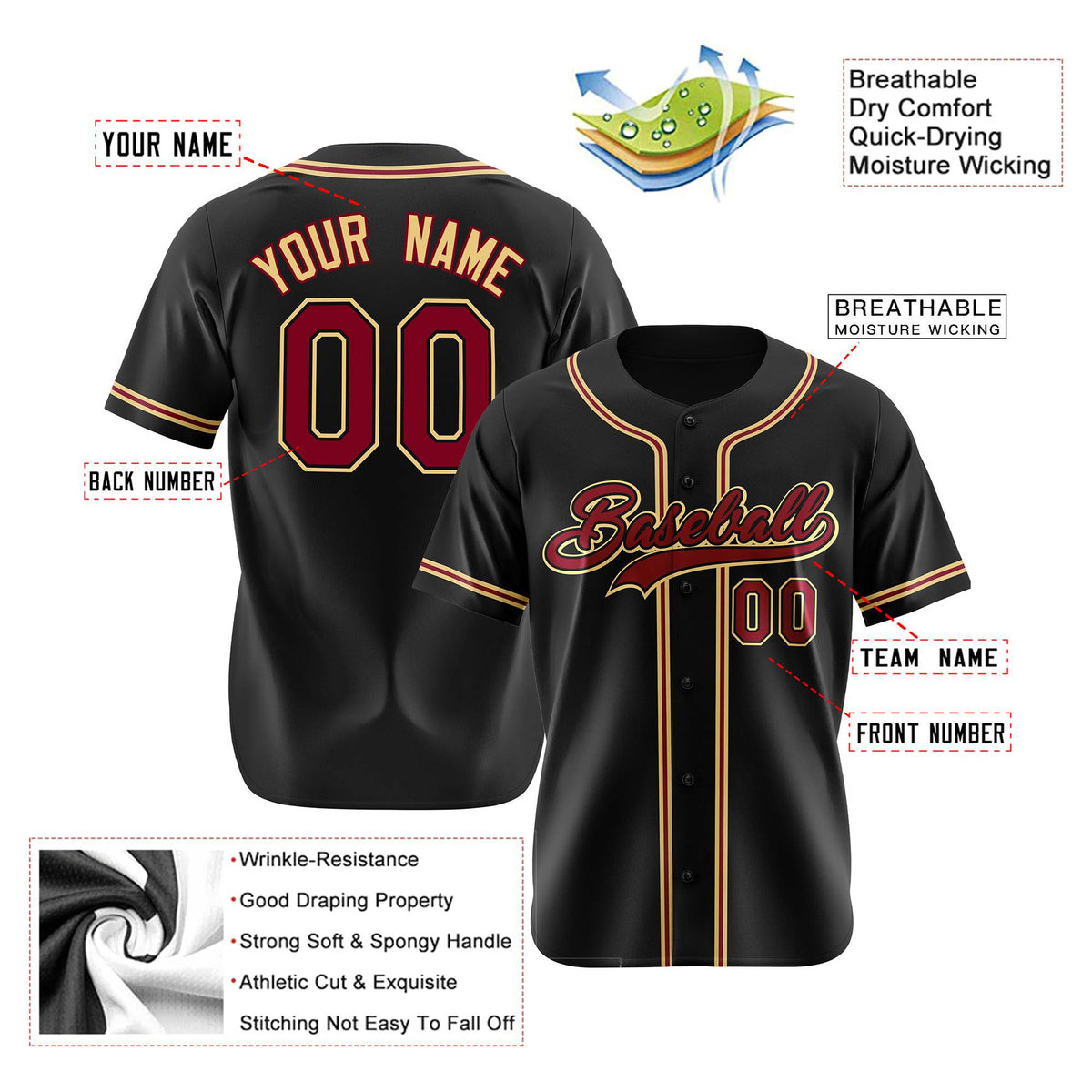 Custom Black Crimson Khaki Authentic Baseball Jersey