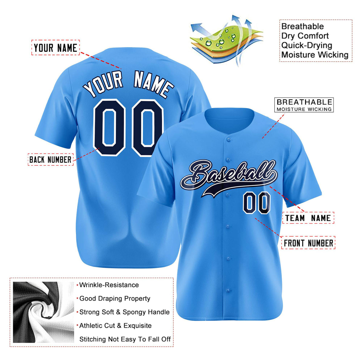 Custom Powder Blue Black White Authentic Baseball Jersey