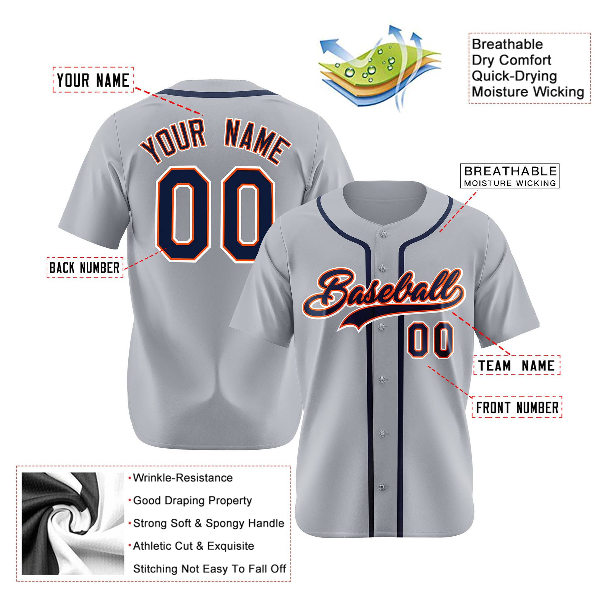 Custom Gray Navy Orange Authentic Baseball Jersey