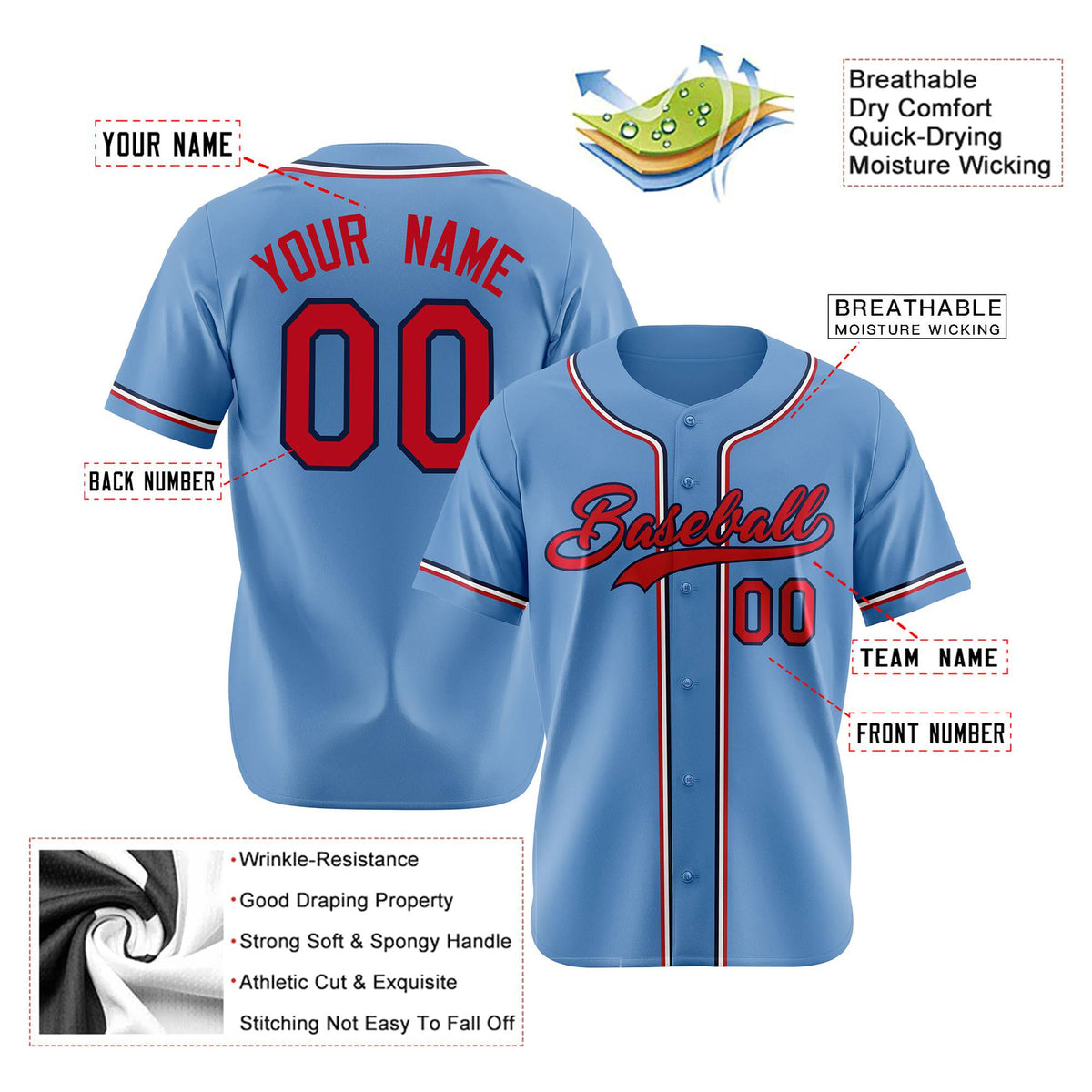 Custom Light Blue Red White Authentic Baseball Jersey
