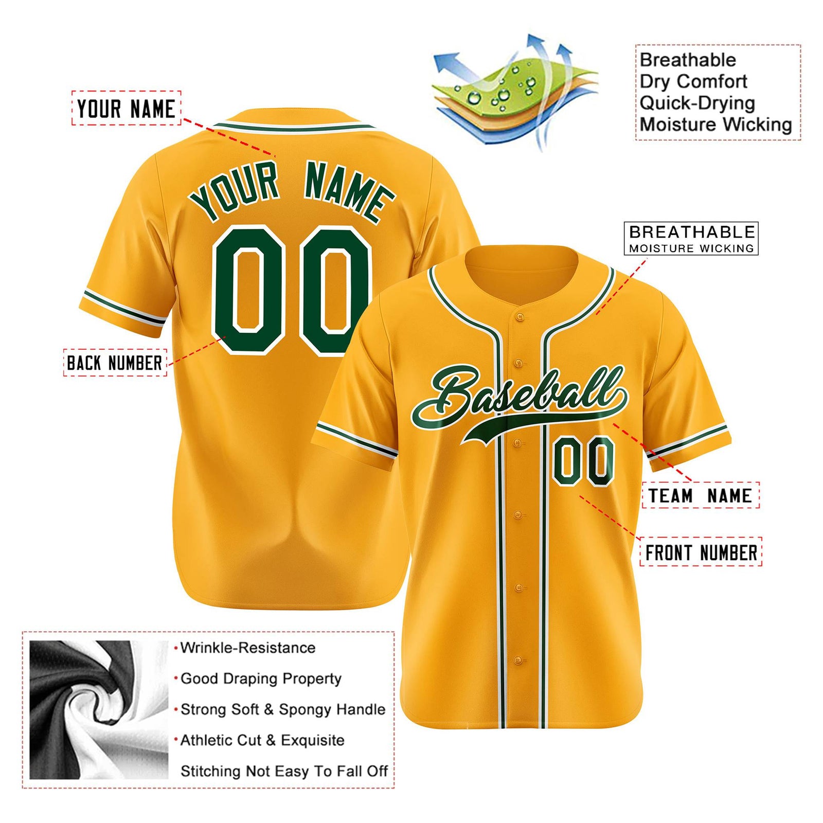 Custom Gold Green Authentic Baseball Jersey