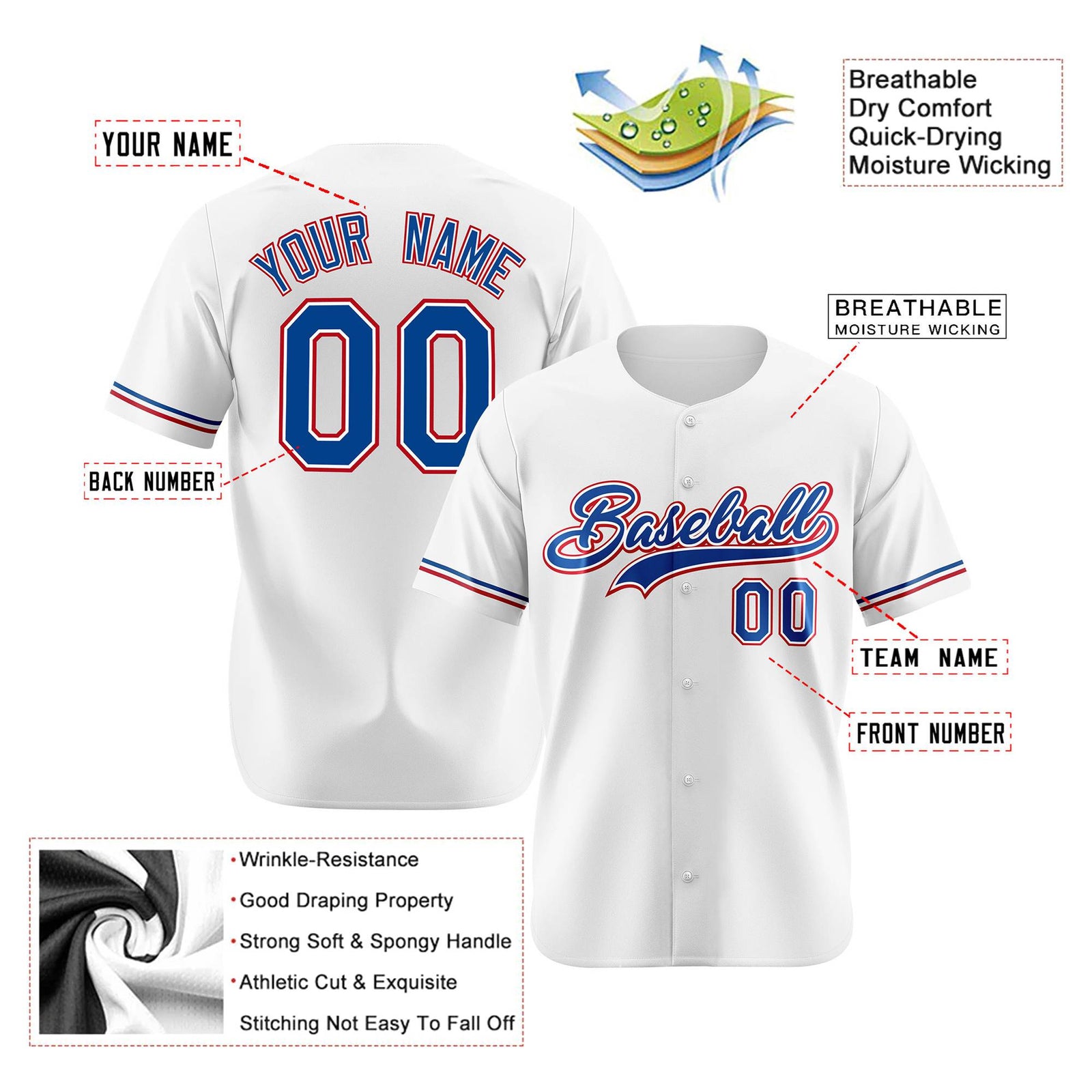 Custom White Blue Red Authentic Baseball Jersey