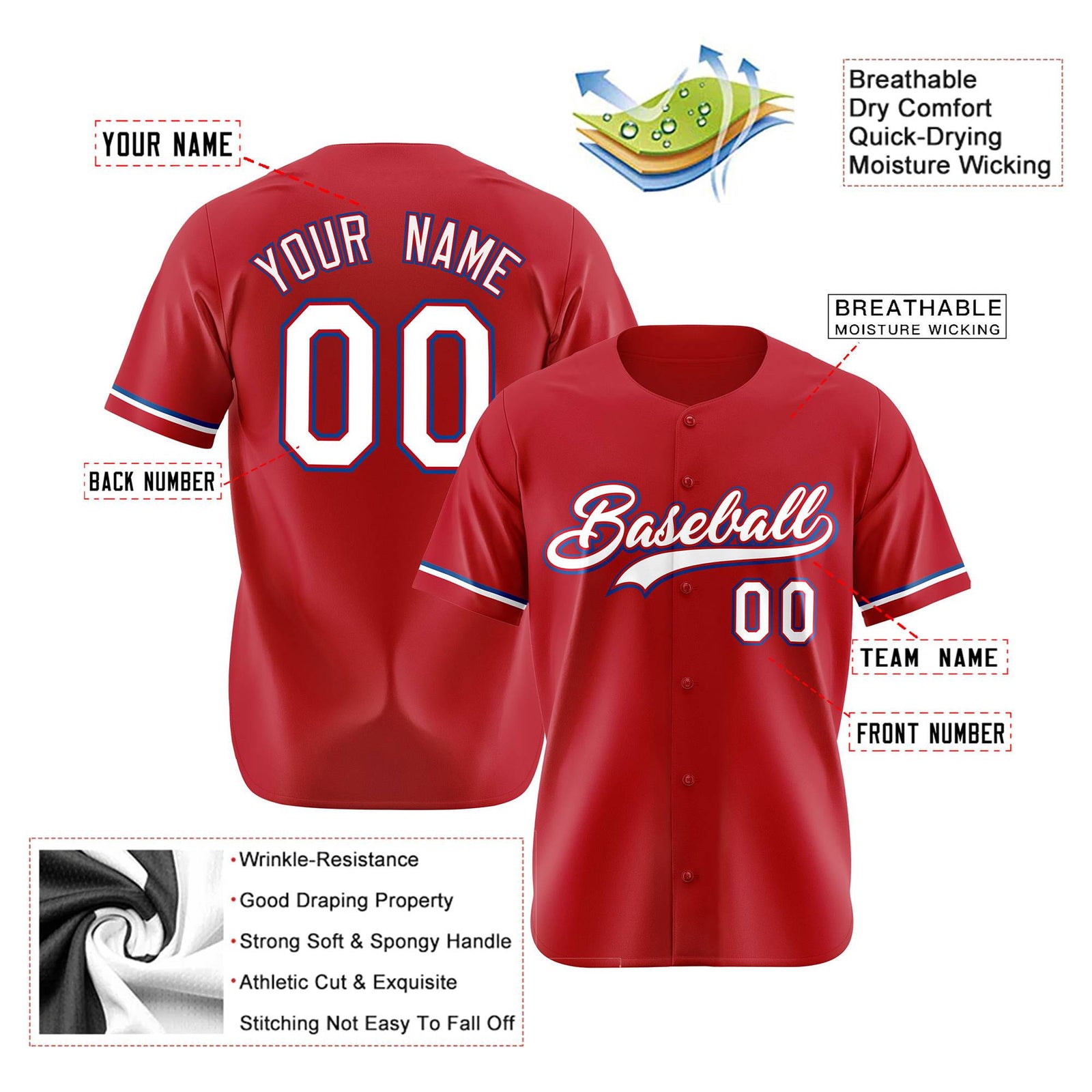 Custom Red White Blue Authentic Baseball Jersey