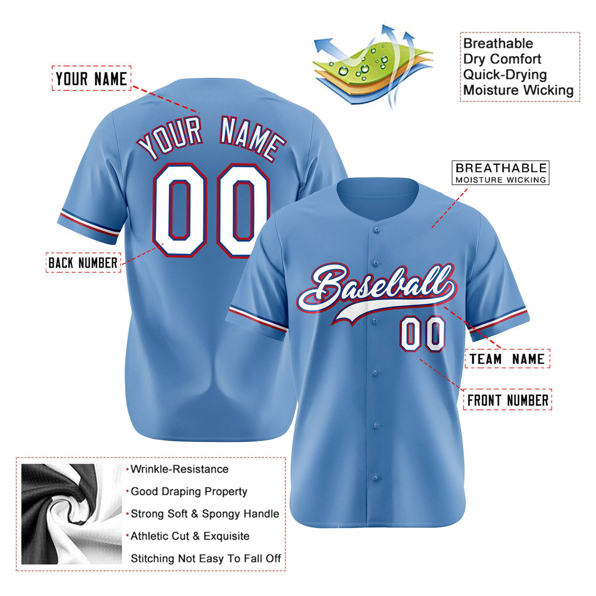 Custom Light Blue White Red Authentic Baseball Jersey