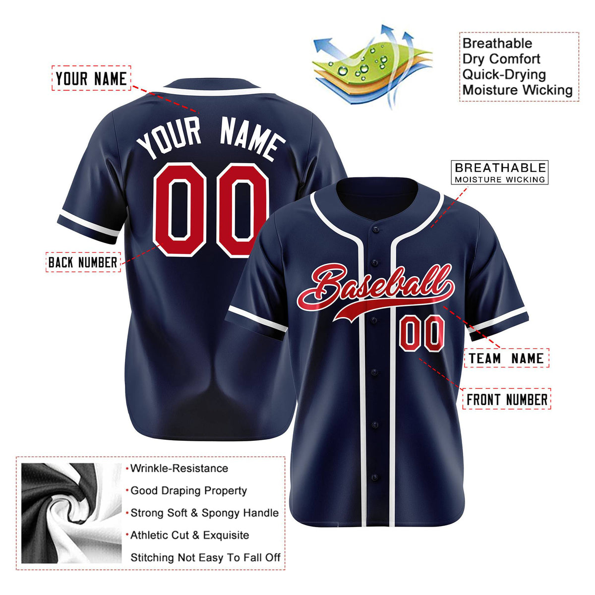 Custom Navy Red White Authentic Baseball Jersey