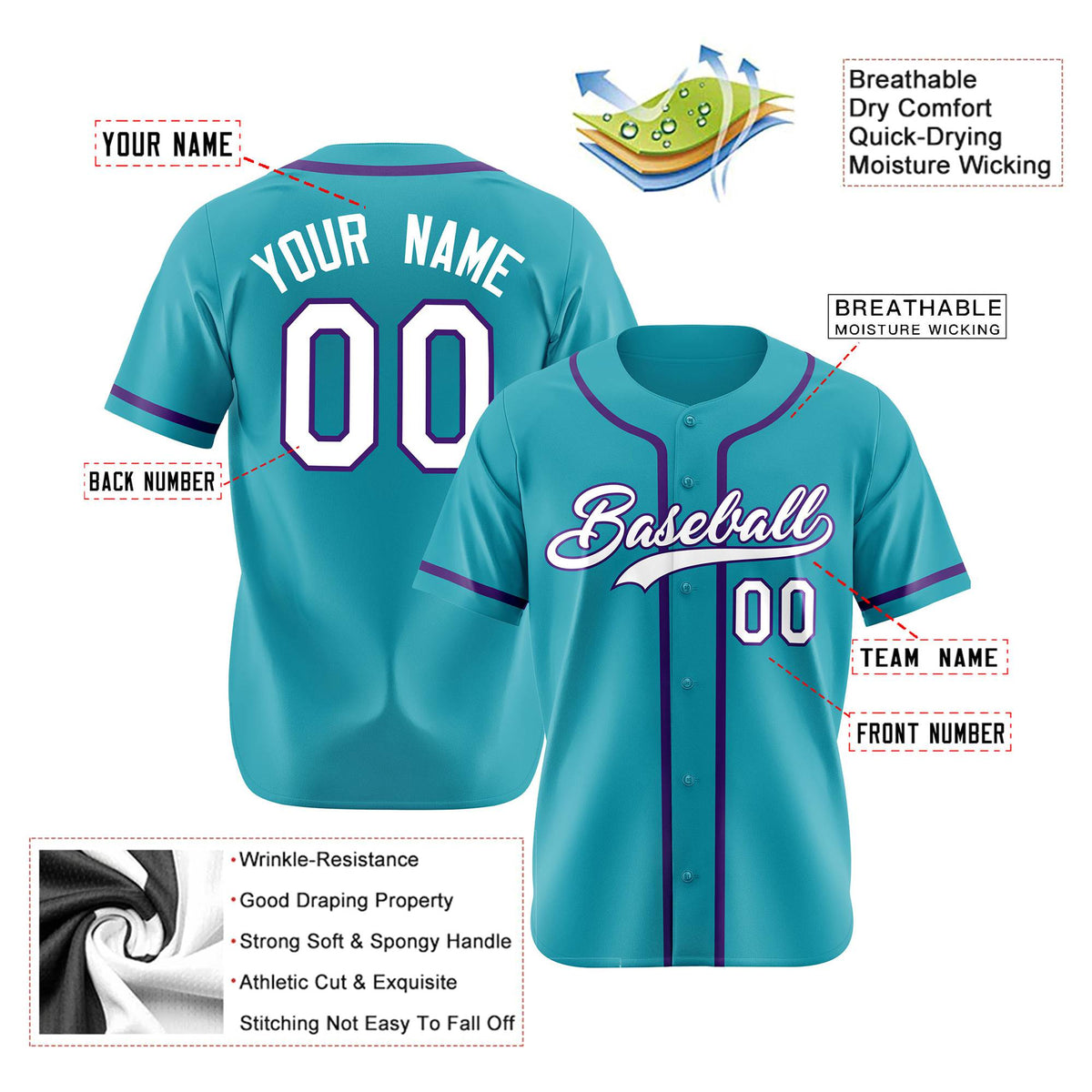 Custom Teal White Purple Authentic Baseball Jersey