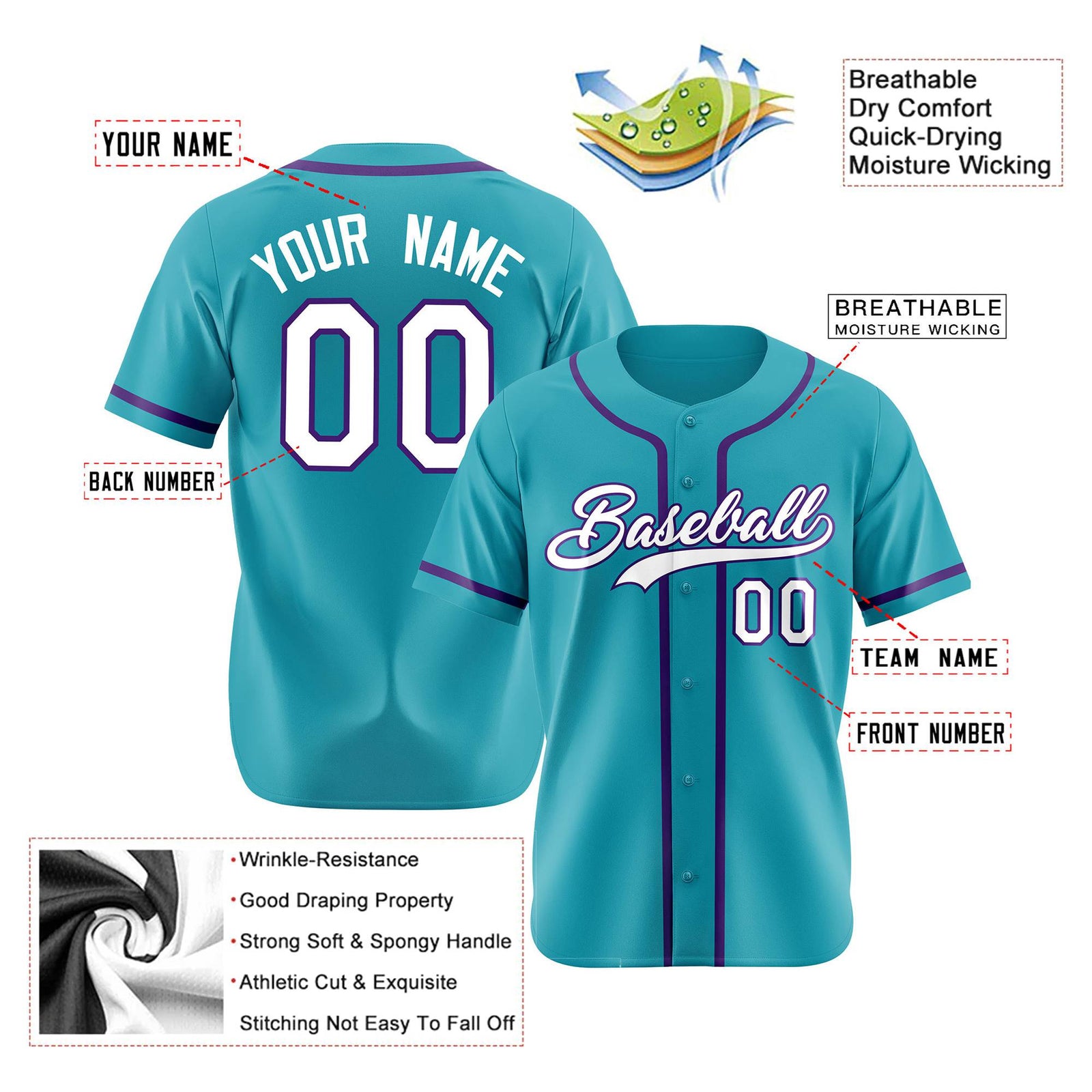 Custom Teal White Purple Authentic Baseball Jersey