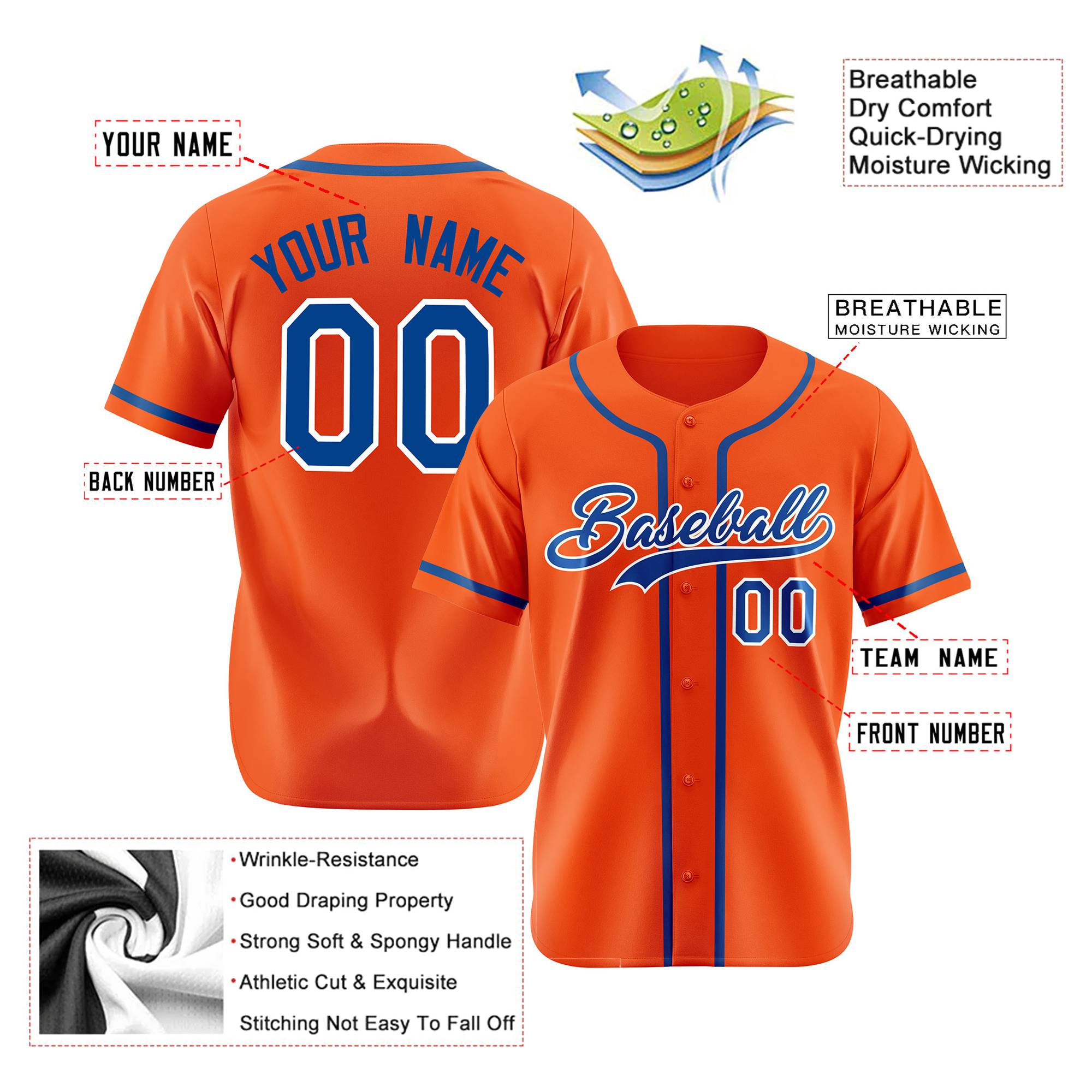 Custom Orange Royal Blue White Authentic Baseball Jersey