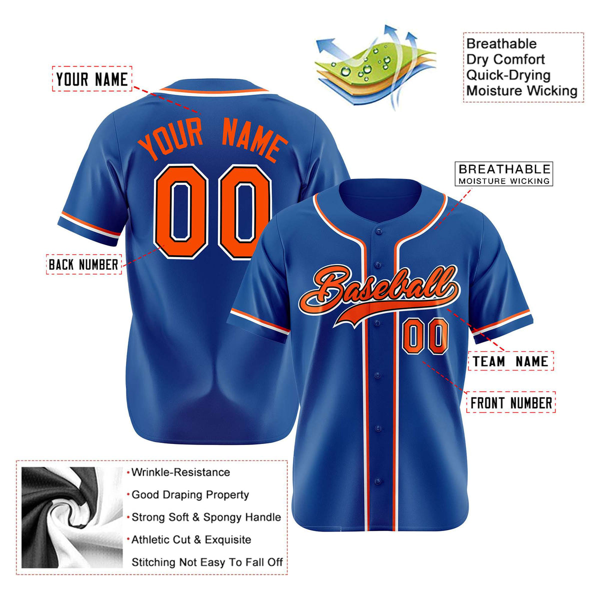 Custom Royal Blue Orange White Authentic Baseball Jersey
