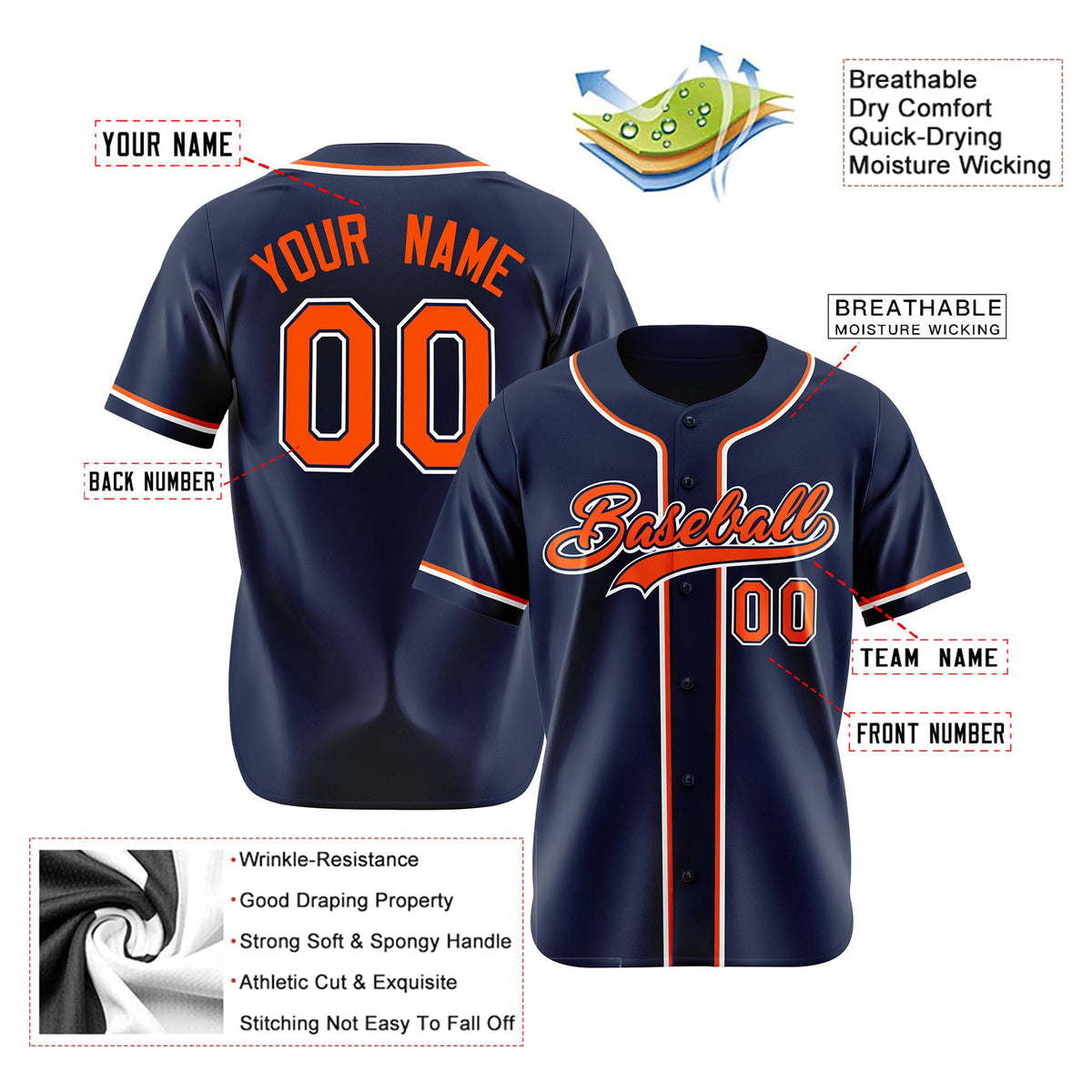 Custom Navy Orange White Authentic Baseball Jersey