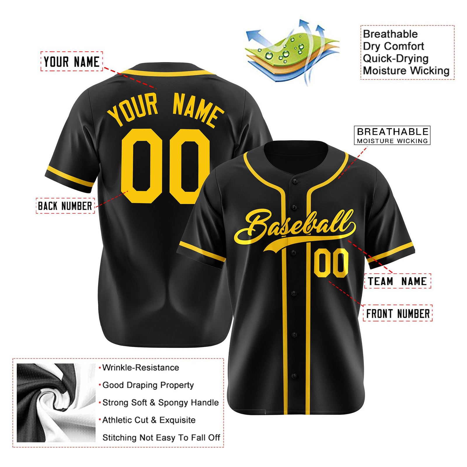 Custom Black Gold Authentic Baseball Jersey