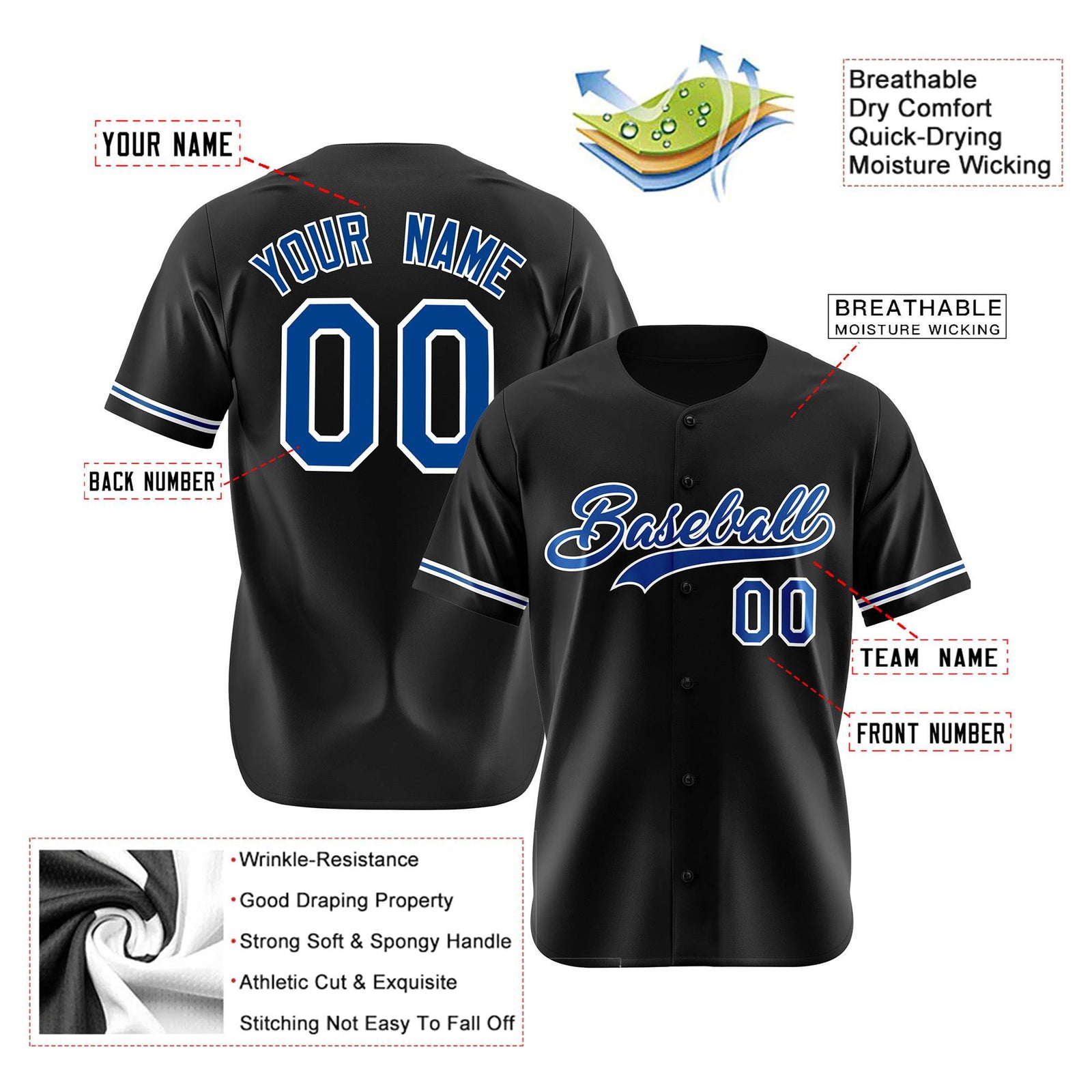 Custom Black Blue White Authentic Baseball Jersey