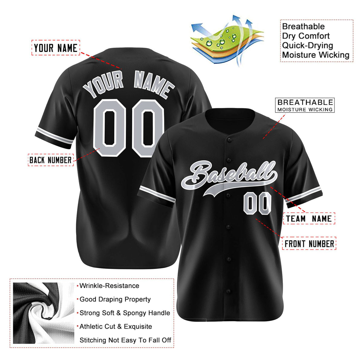 Custom Black Gray White Authentic Baseball Jersey