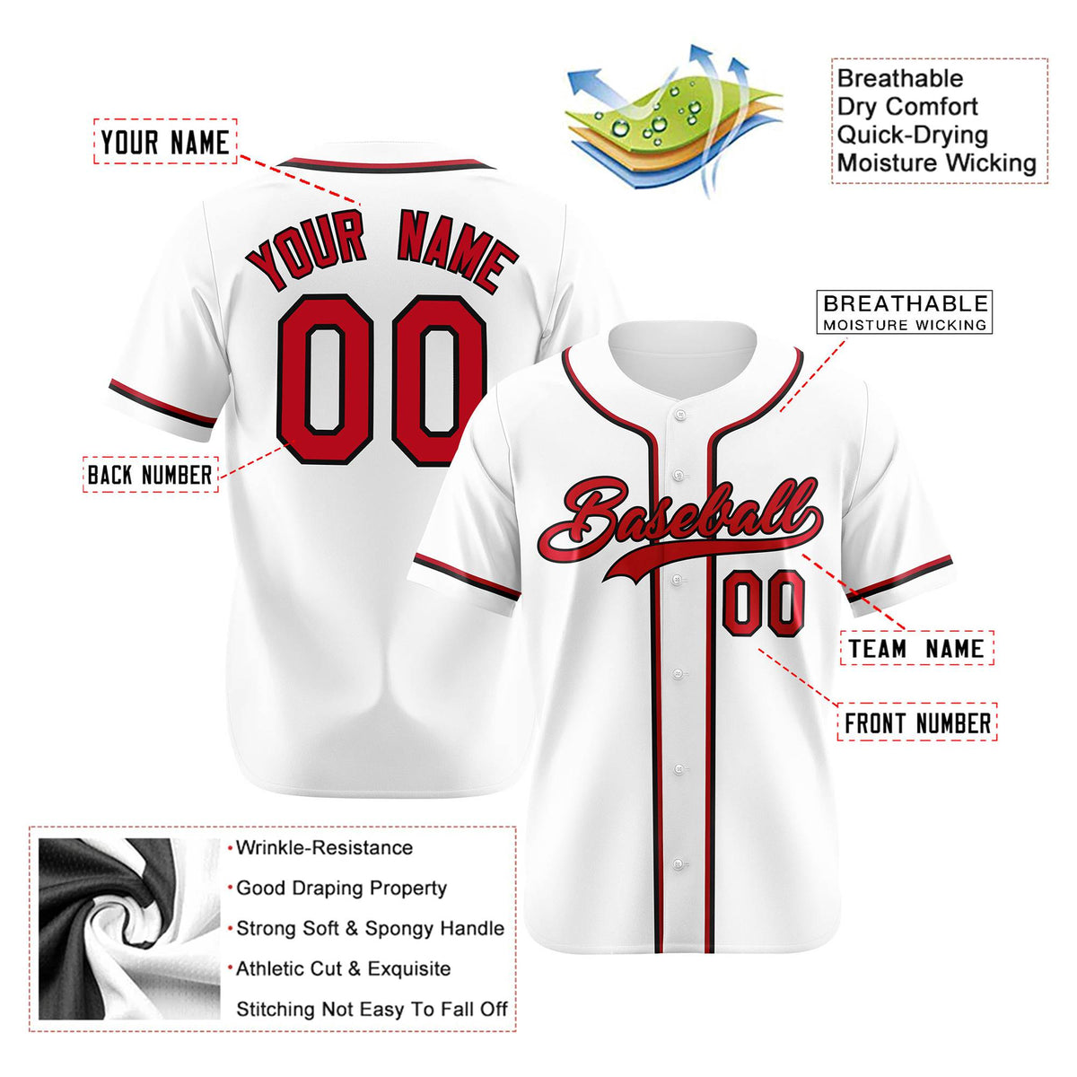 Custom White Red Black Authentic Baseball Jersey