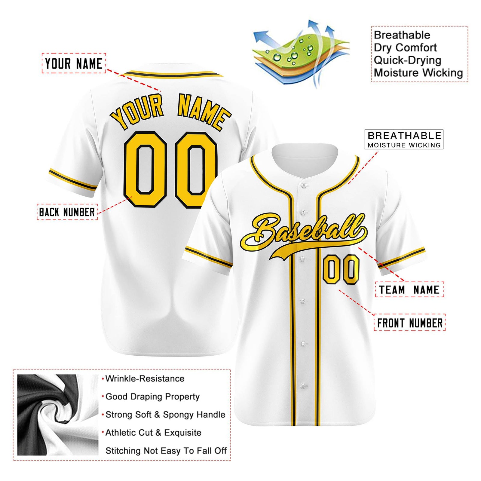 Custom White Yellow Black Authentic Baseball Jersey