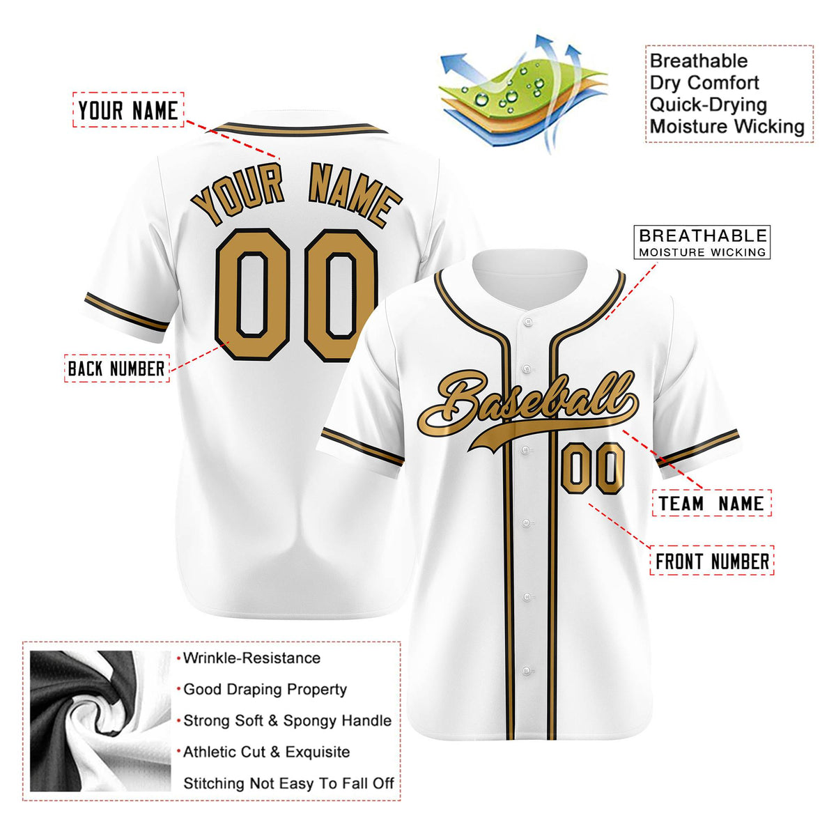 Custom White Old Gold Black Authentic Baseball Jersey