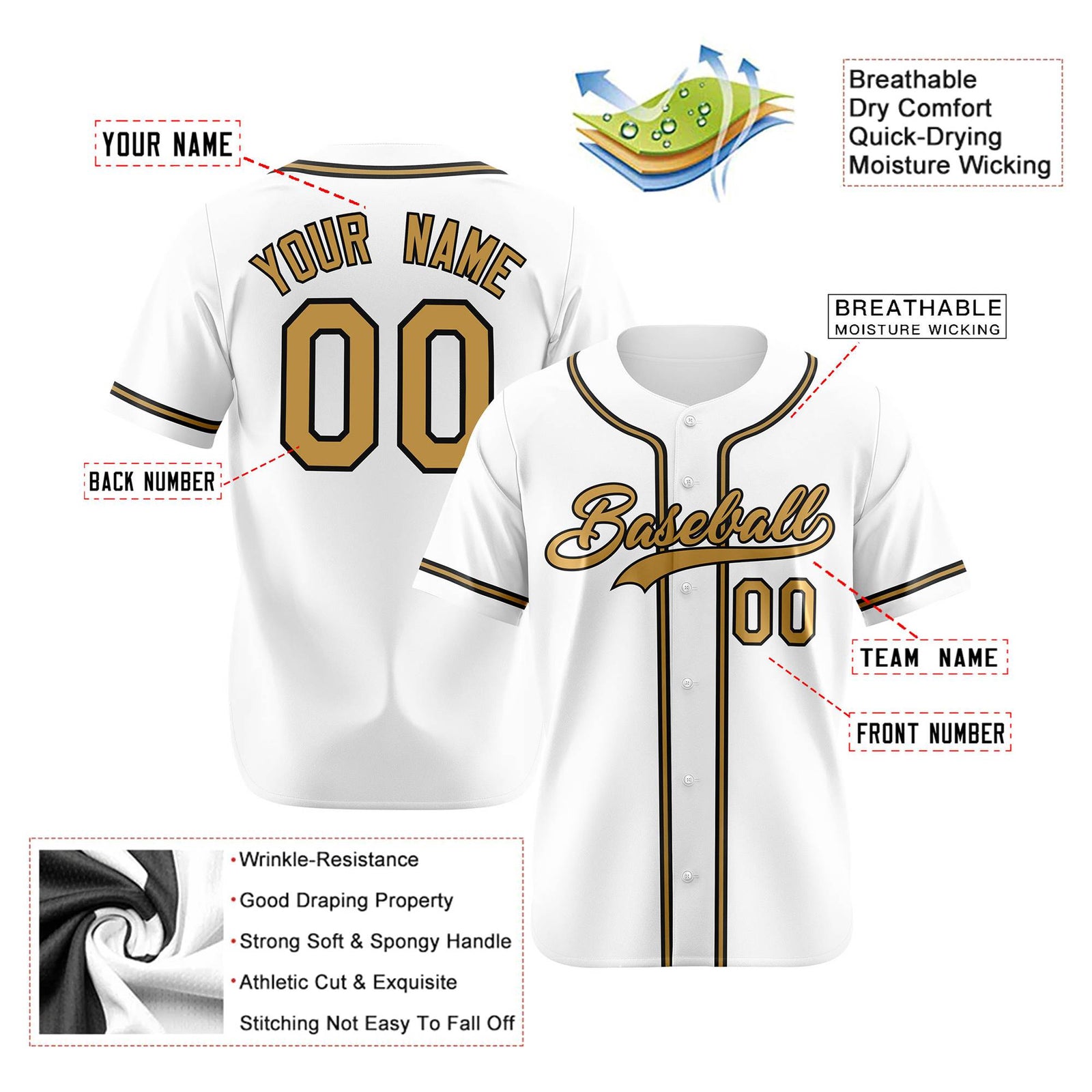 Custom White Old Gold Black Authentic Baseball Jersey