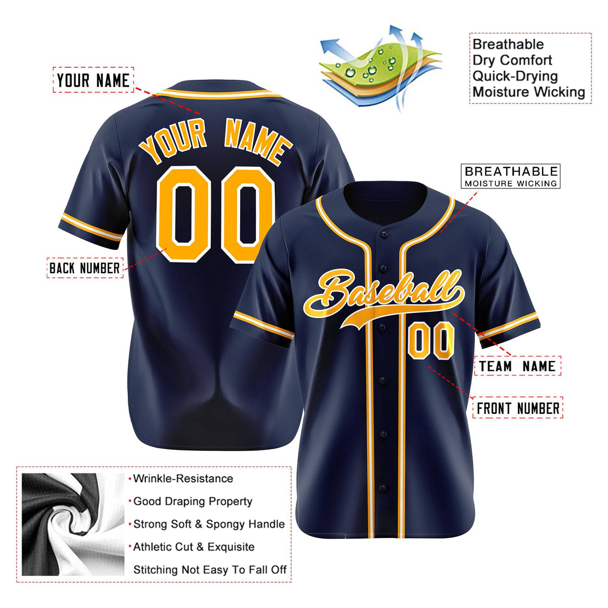 Custom Navy Yellow White Authentic Baseball Jersey