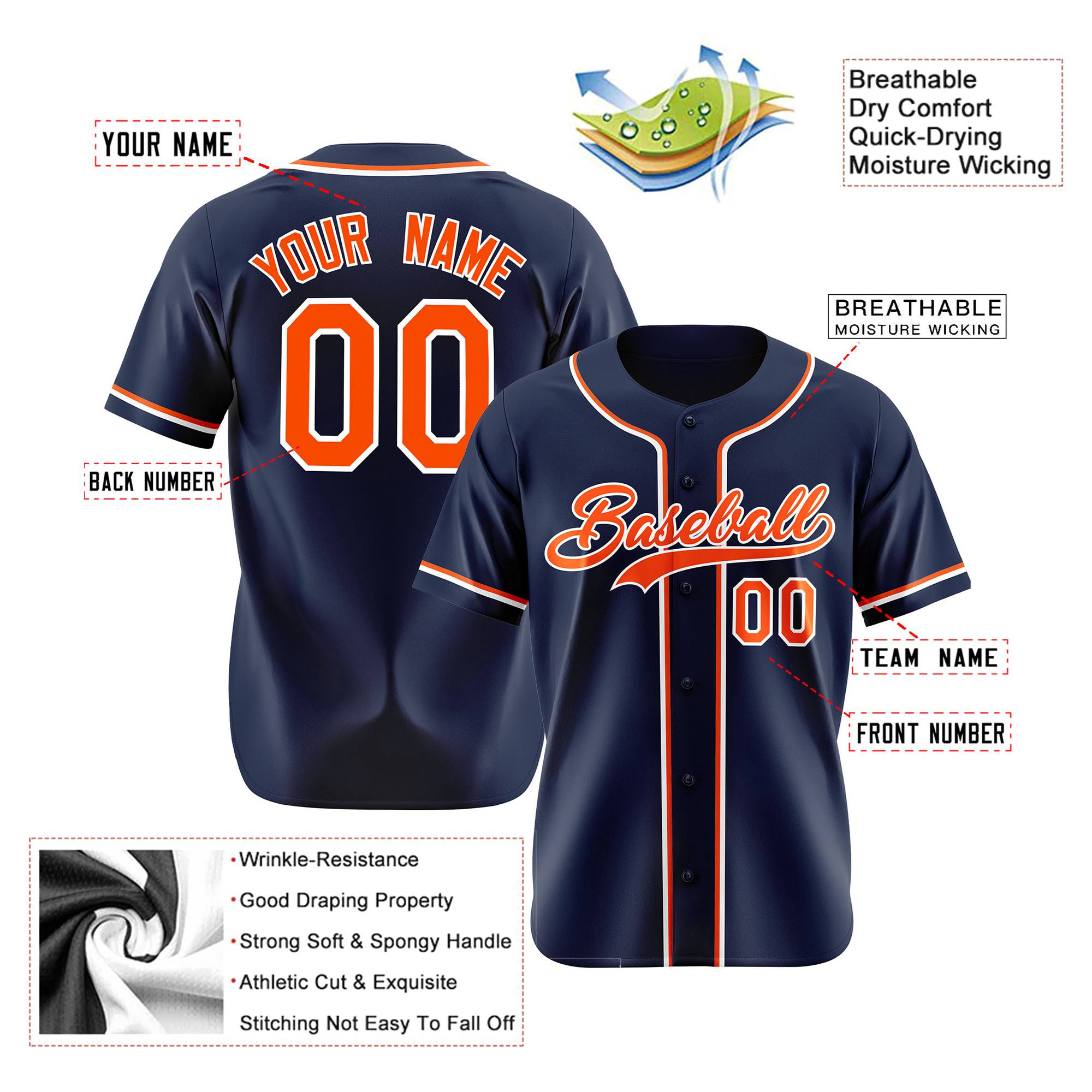 Custom Navy Orange White Authentic Baseball Jersey