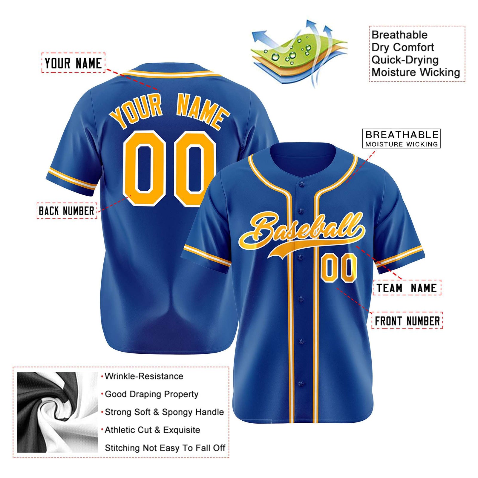 Custom Royal Blue Yellow White Authentic Baseball Jersey