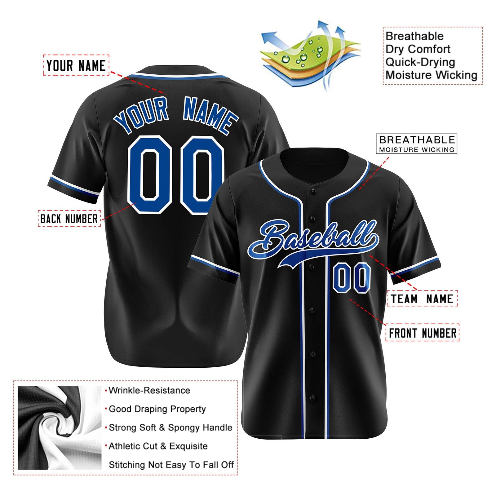Custom Black Blue White Authentic Baseball Jersey
