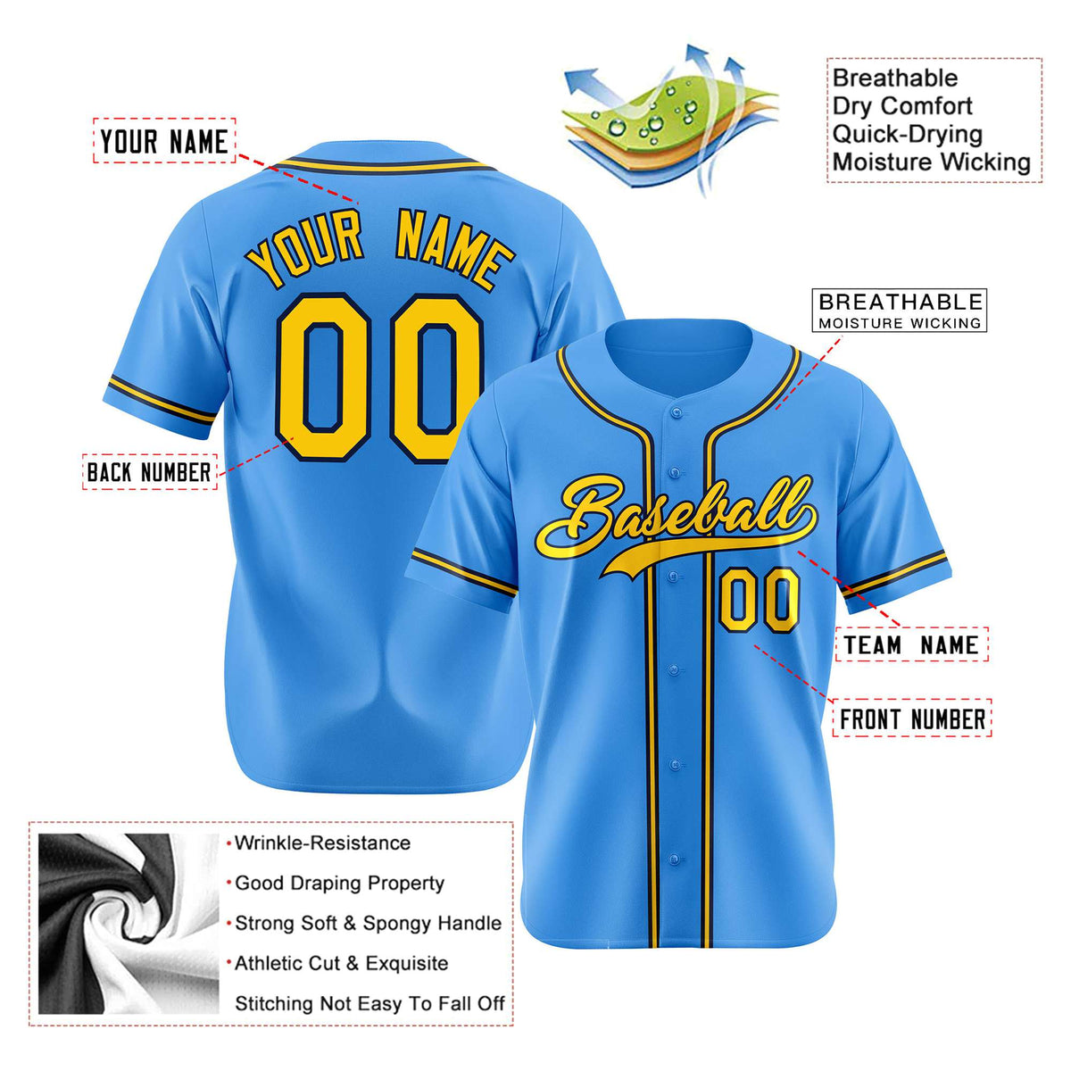 Custom Powder Blue Yellow Navy Authentic Baseball Jersey
