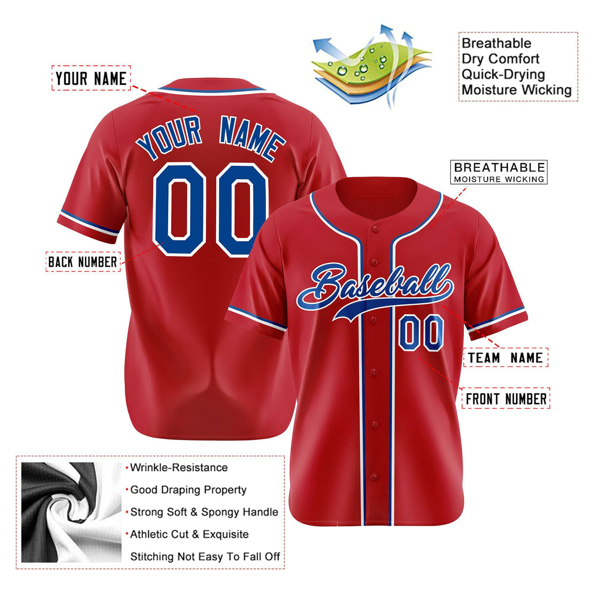 Custom Red Blue White Authentic Baseball Jersey