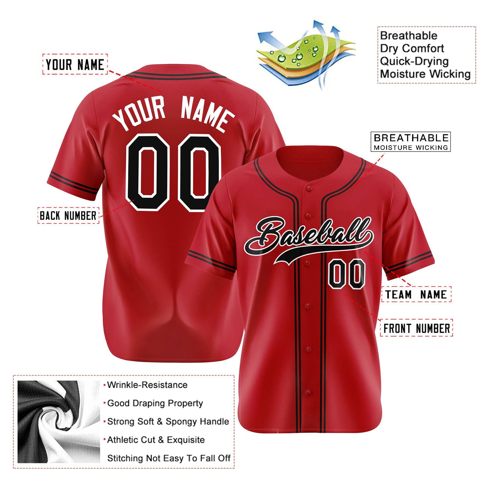 Custom Red Black White Authentic Baseball Jersey