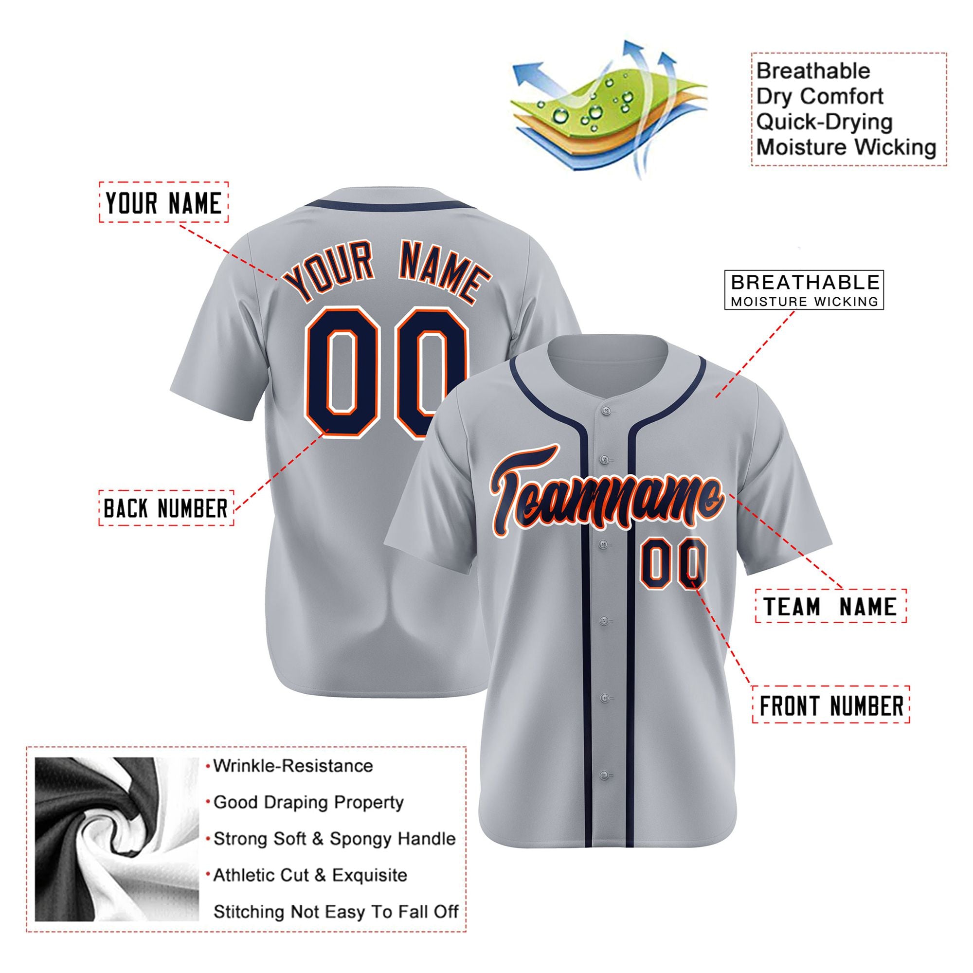 Custom Gray Navy Orange Authentic Baseball Jersey