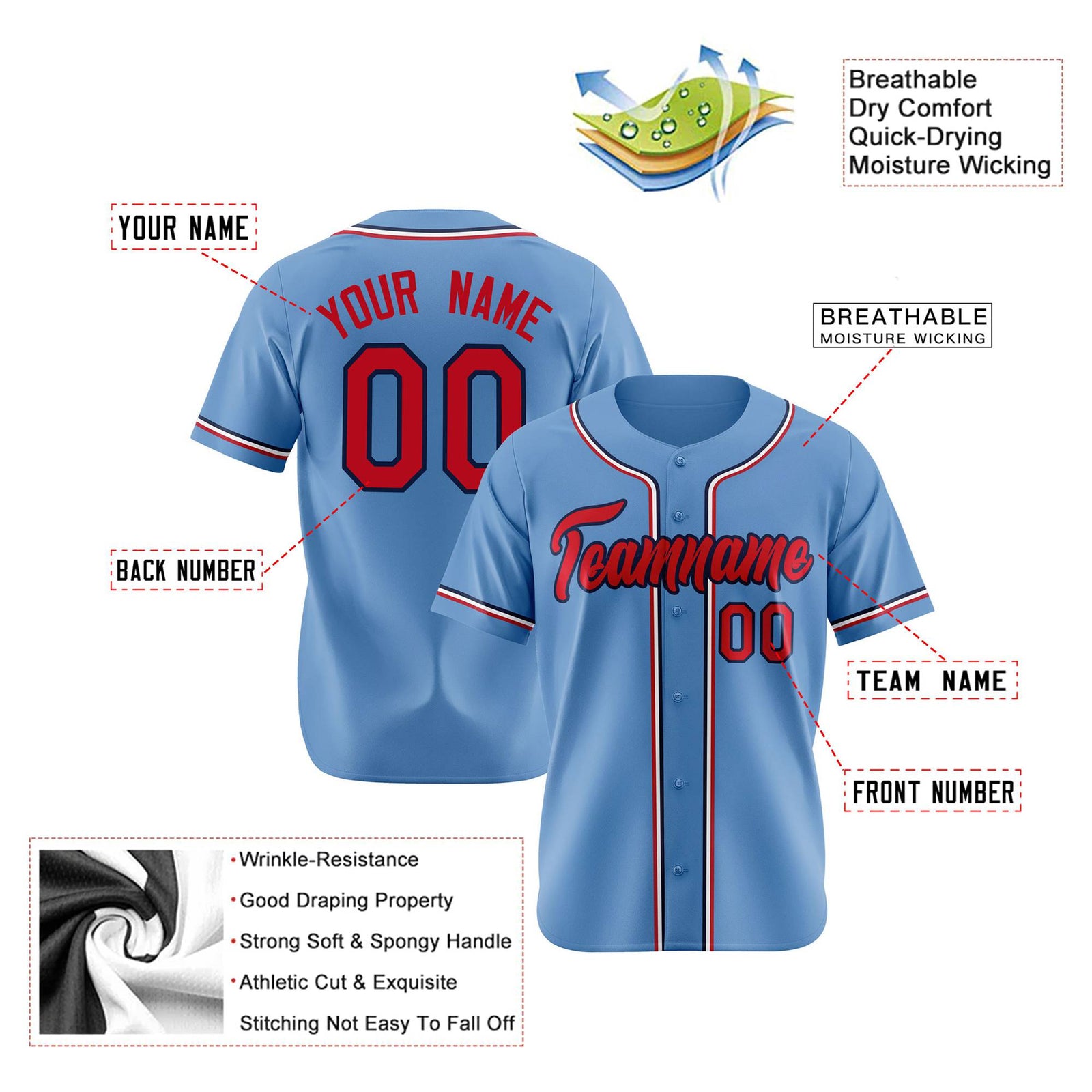 Custom Light Blue Red White Authentic Baseball Jersey