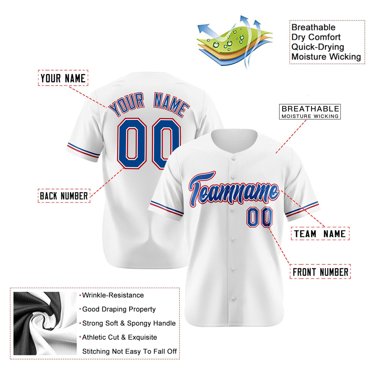Custom White Blue Red Authentic Baseball Jersey